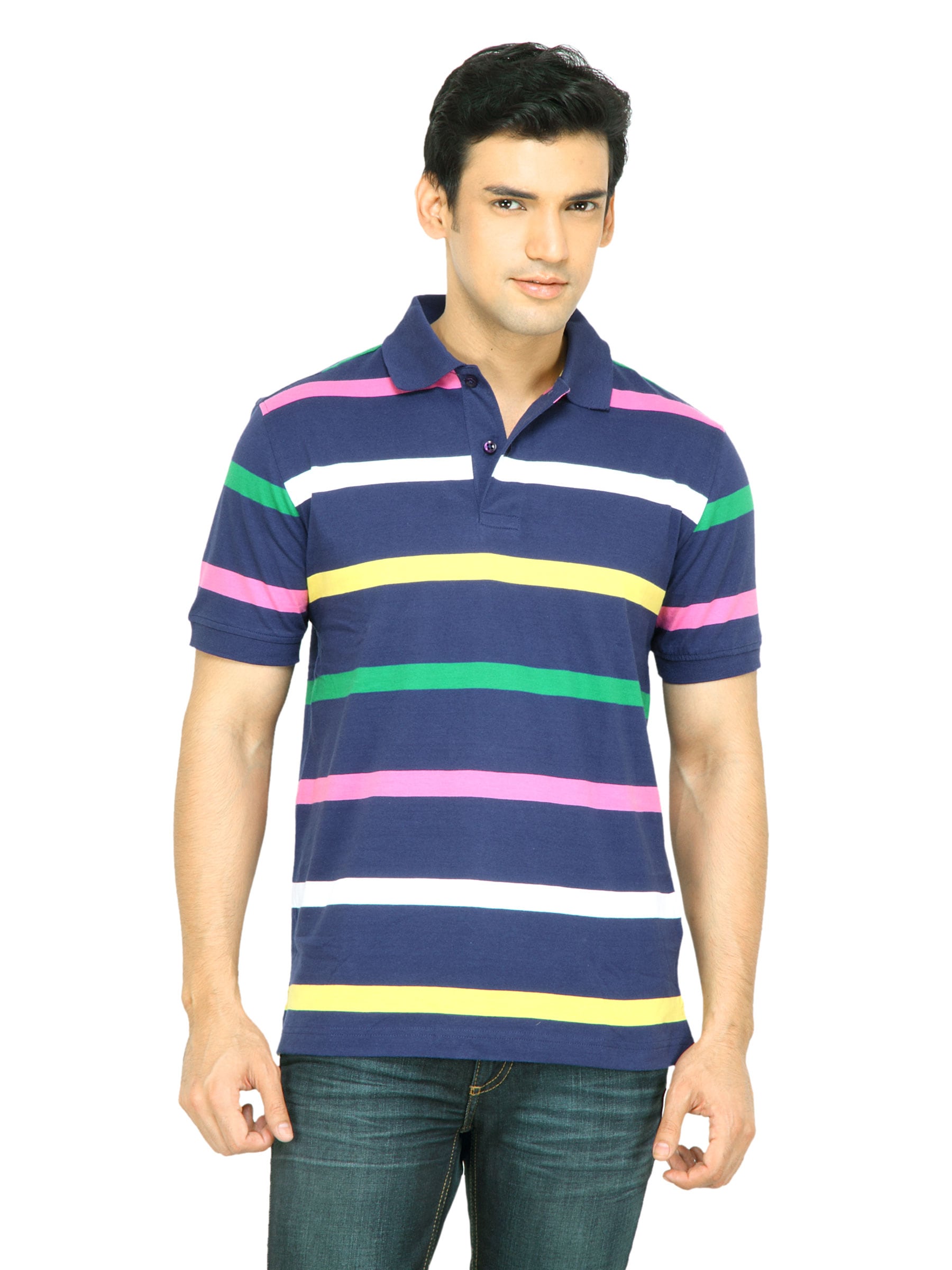 Wills Lifestyle Men Striped Navy Blue T-shirt