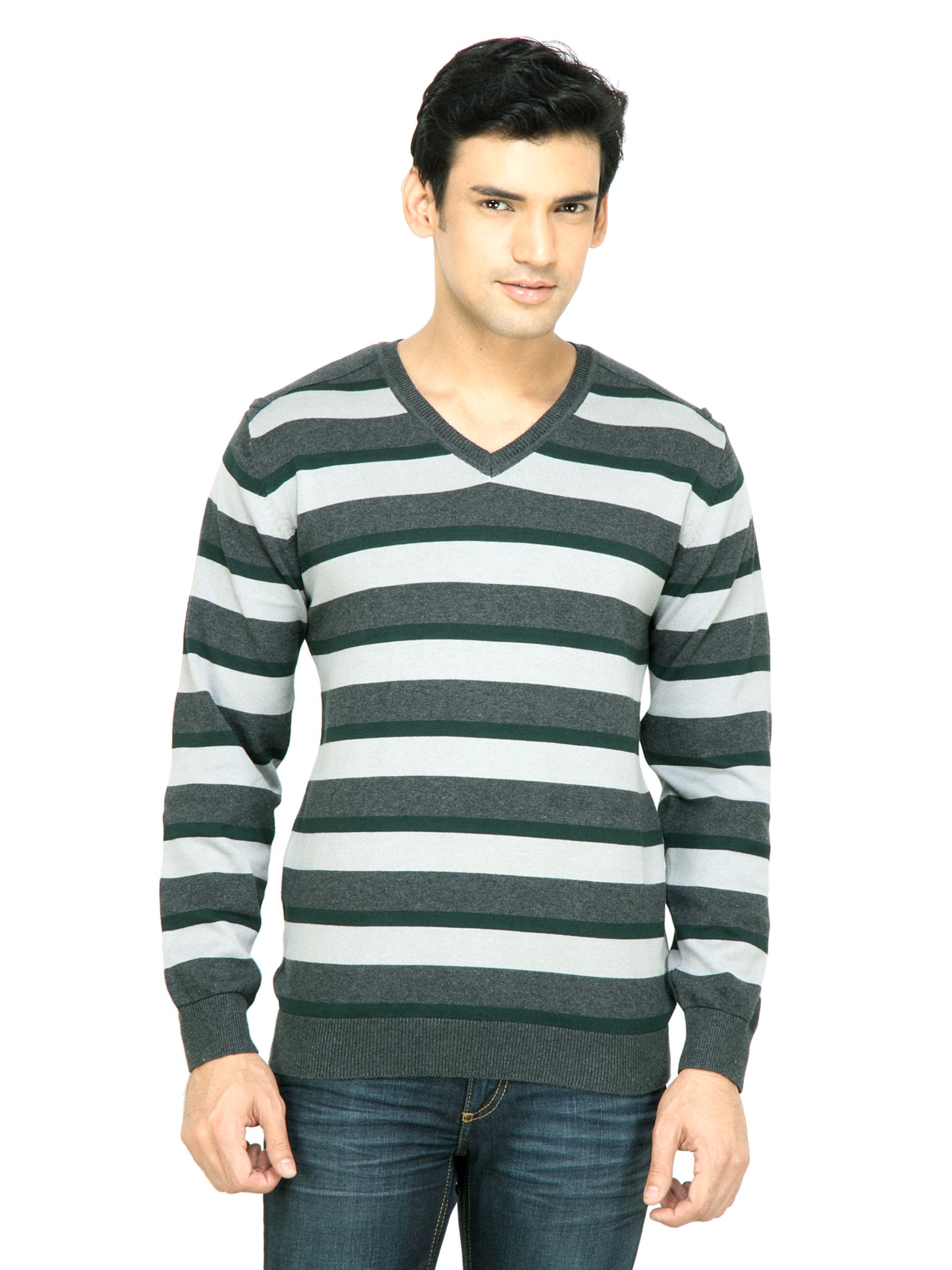 Wills Lifestyle Men Striped Green Sweater