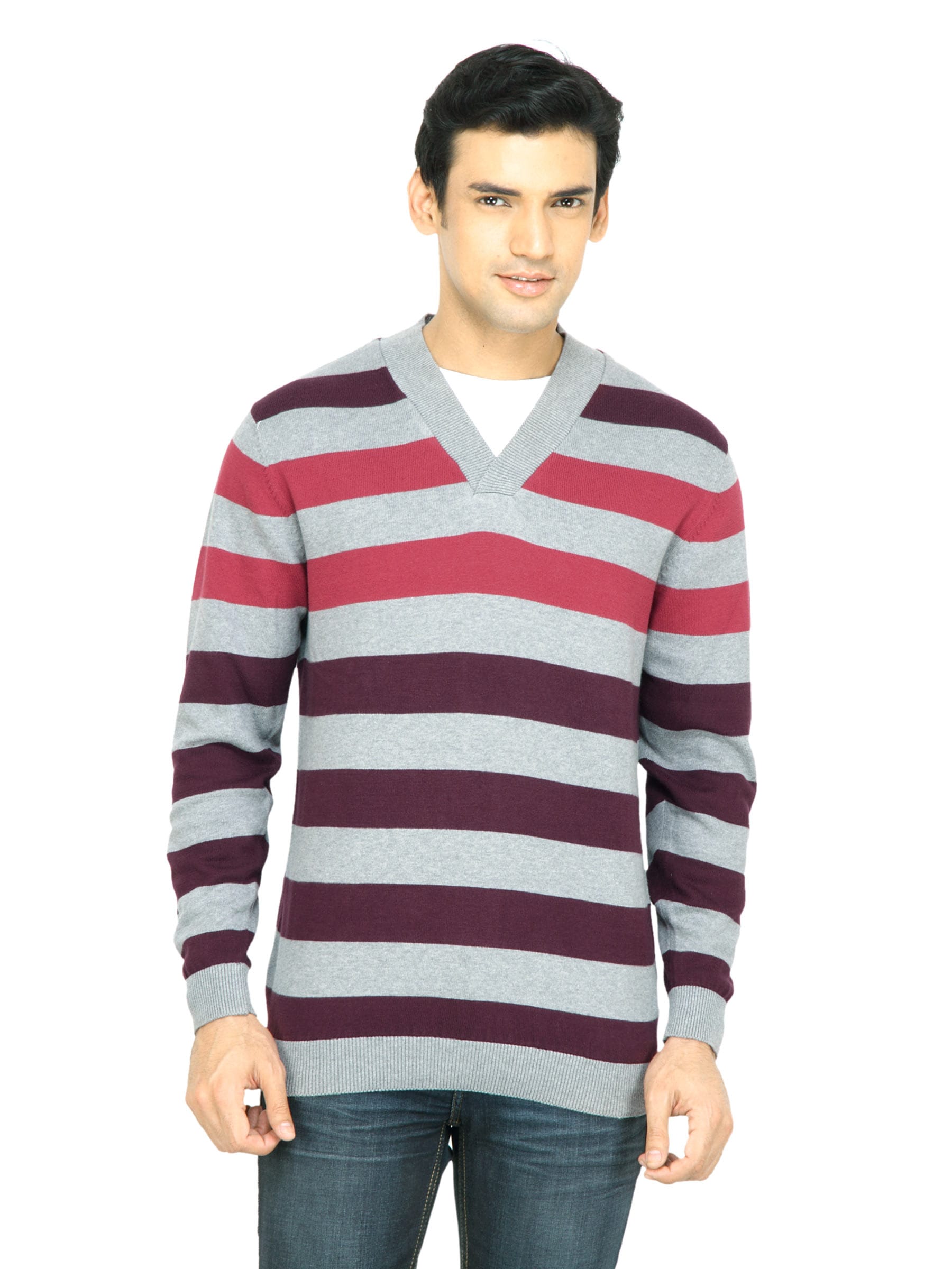 Wills Sport Men Grey Striped Sweater