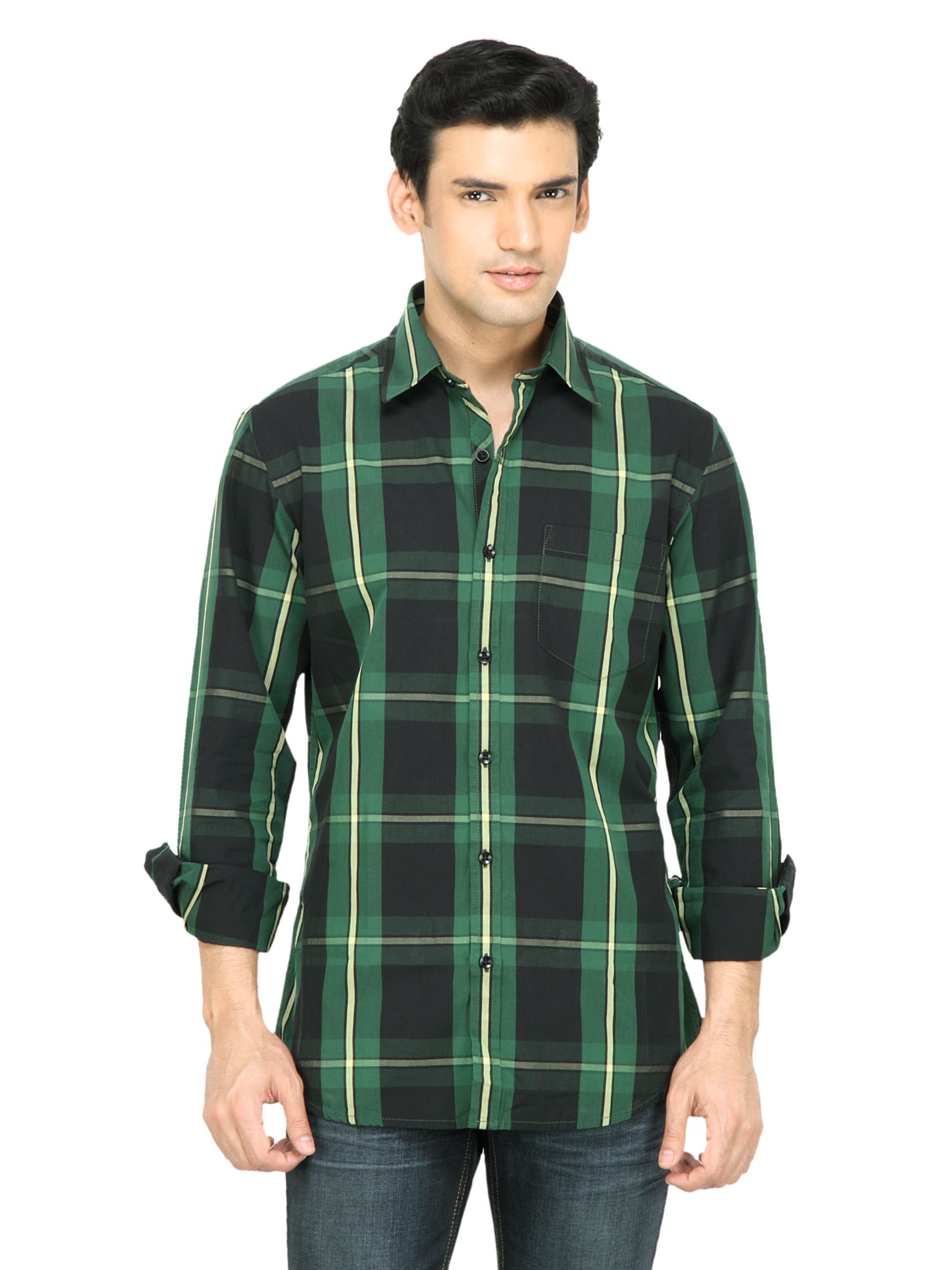 Wills Lifestyle Men Check Green Shirt