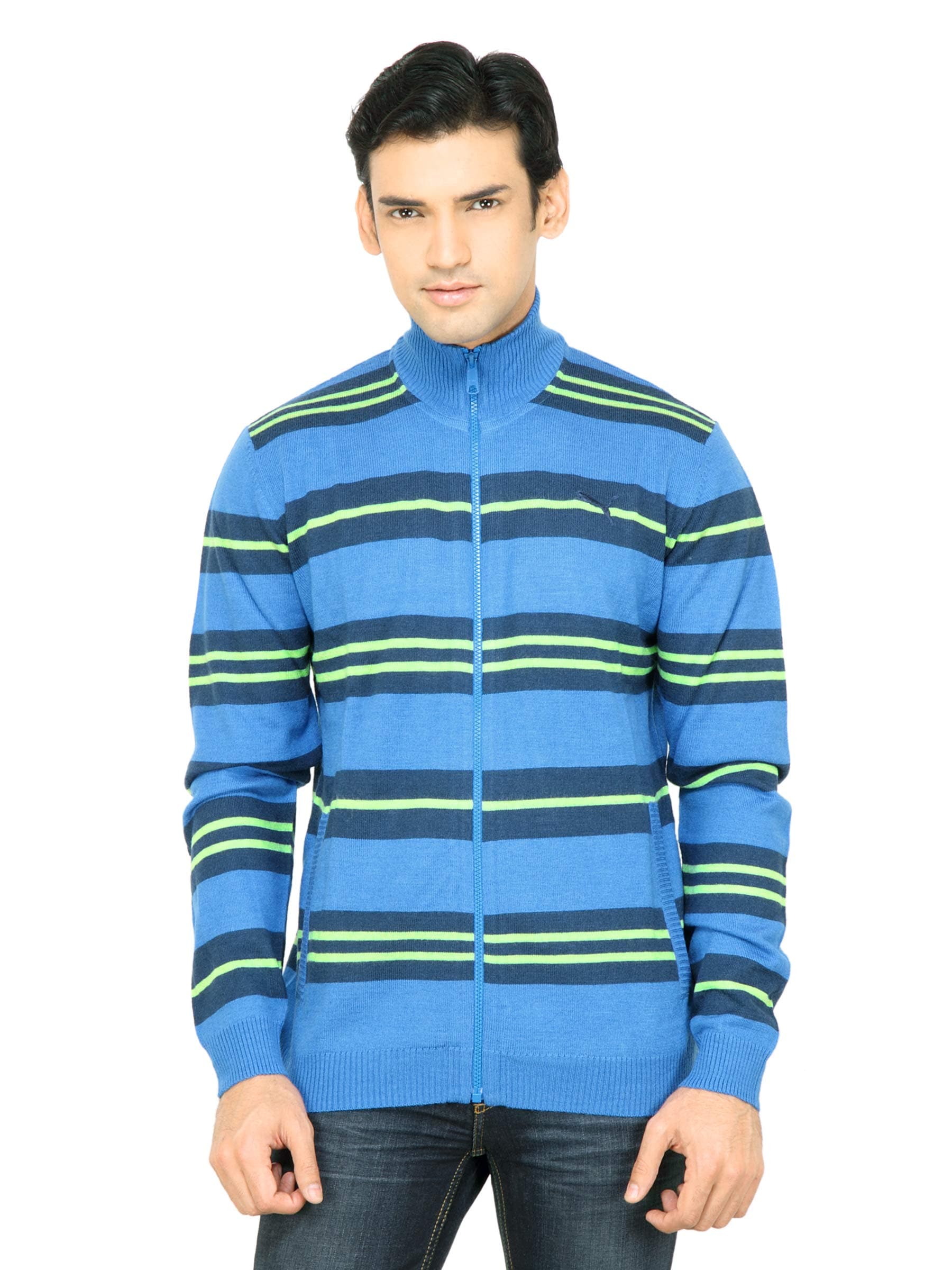 Puma Men Striped Full Zip Blue Sweater