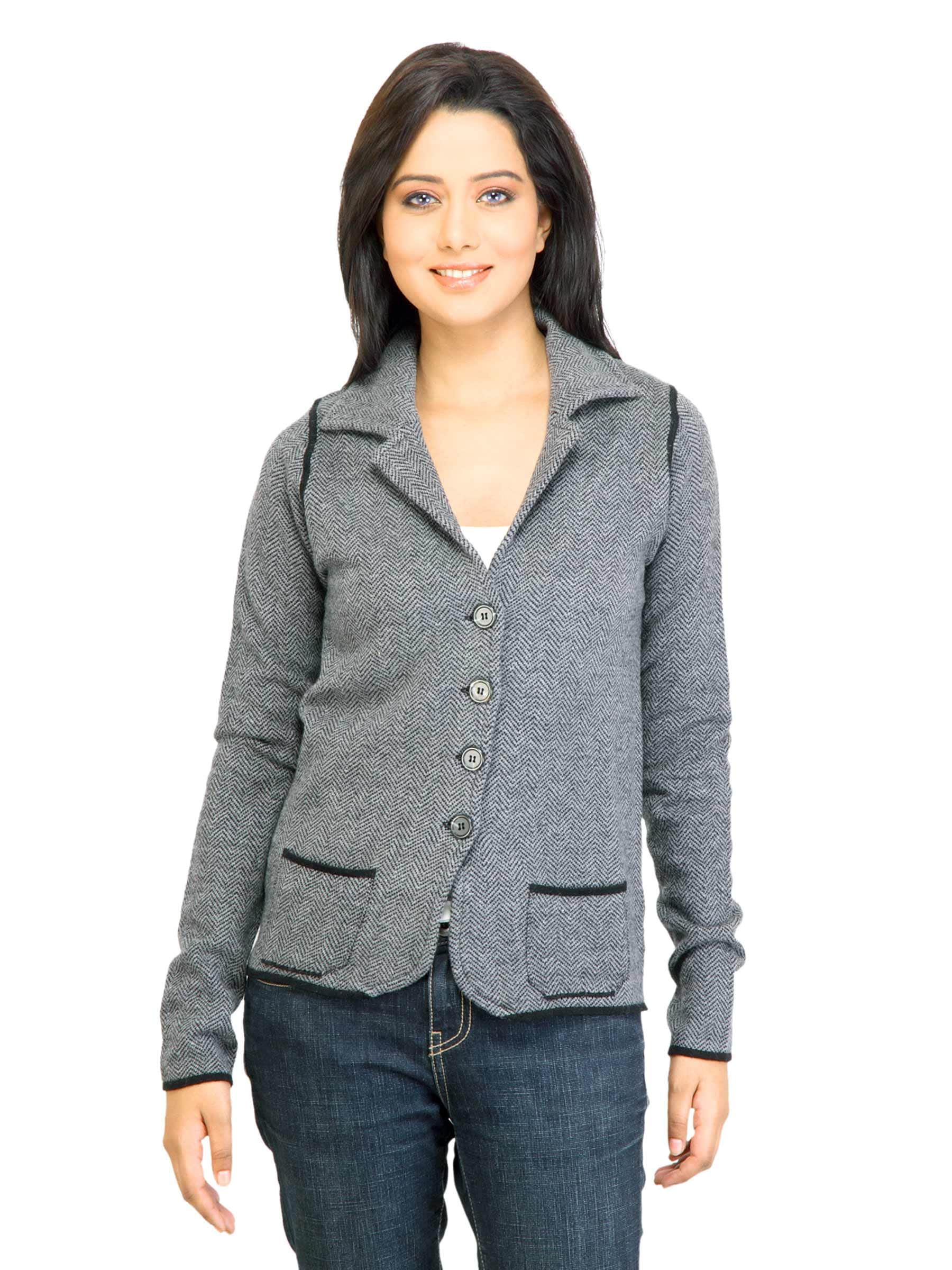 United Colors of Benetton Women Solid Grey Knitted Jacket
