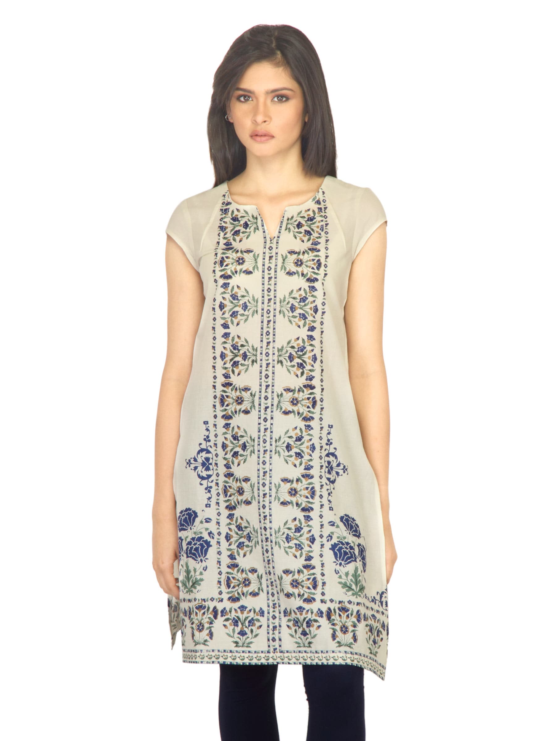 W Women Block Print Off White Kurta