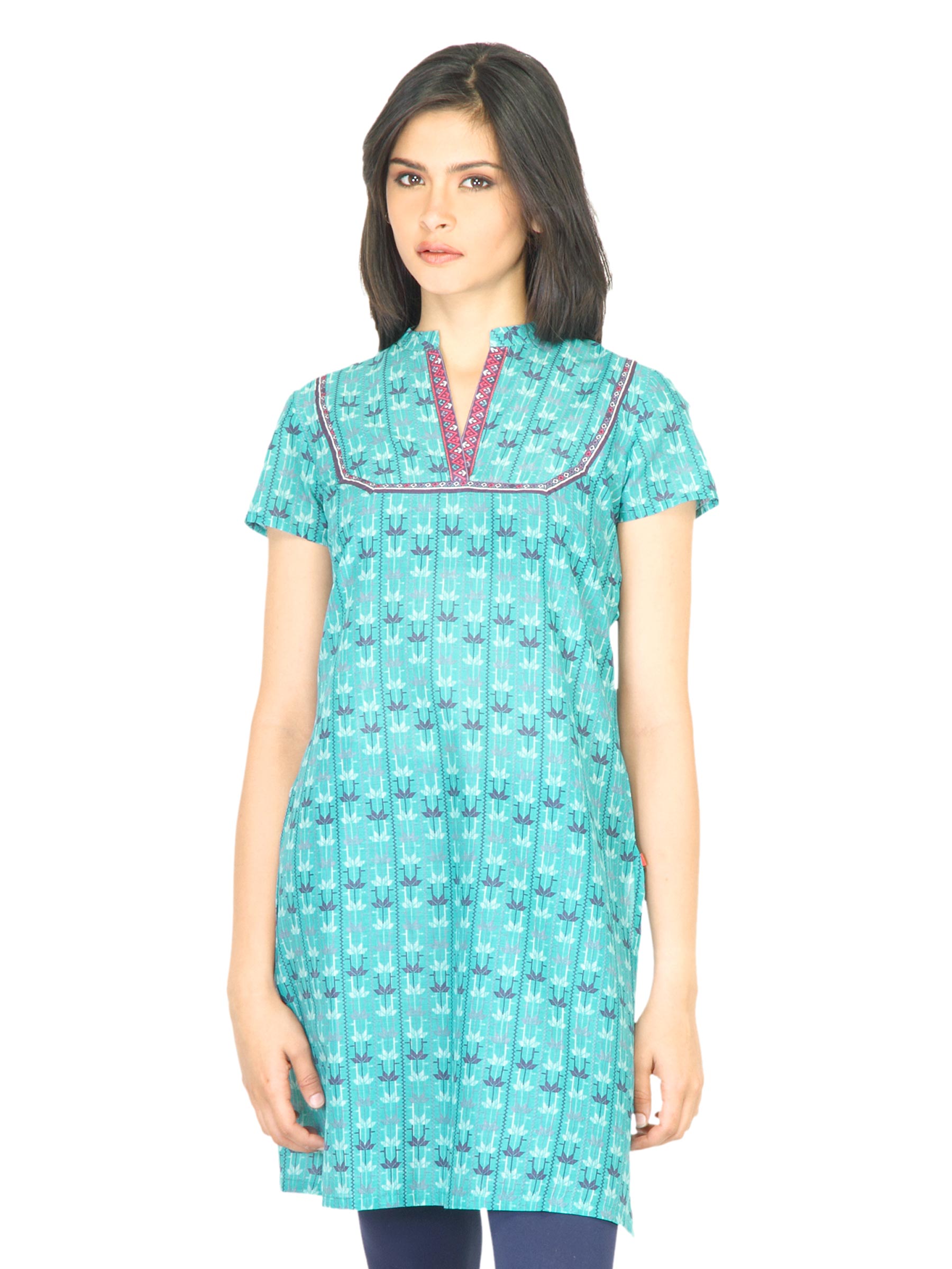 W Women Block Print Green Kurta