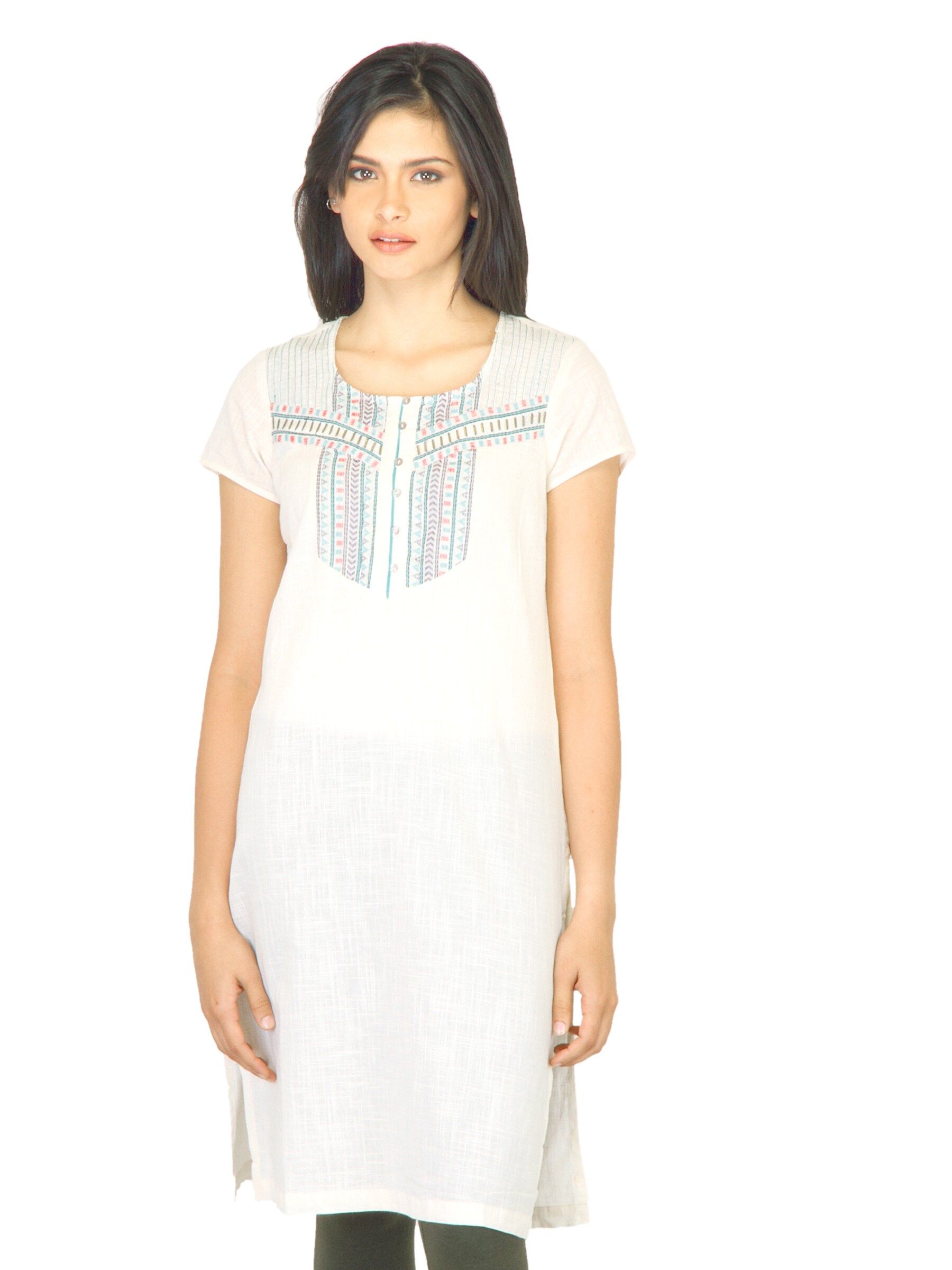 W Women Thread Work Off White Kurta