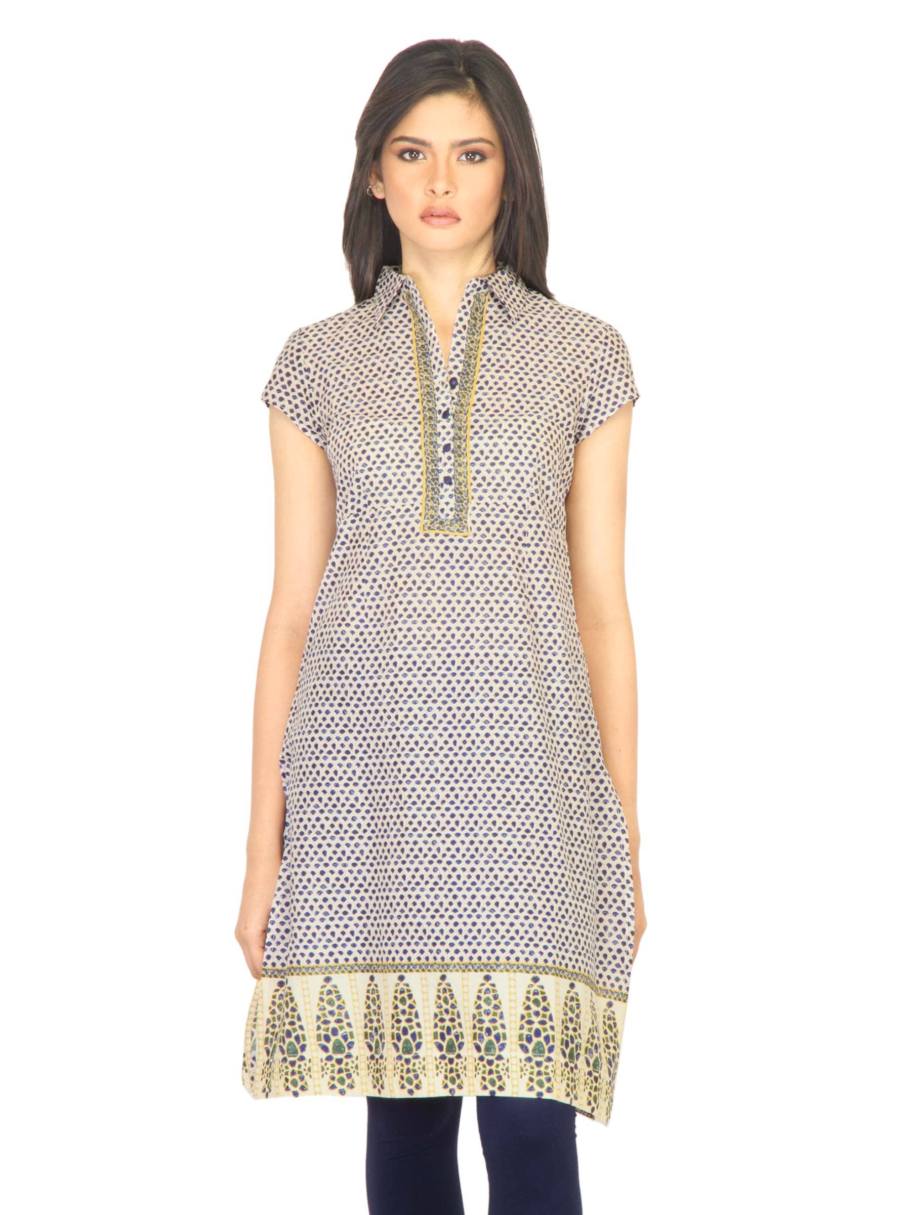 W Women Block Print Off White Kurta