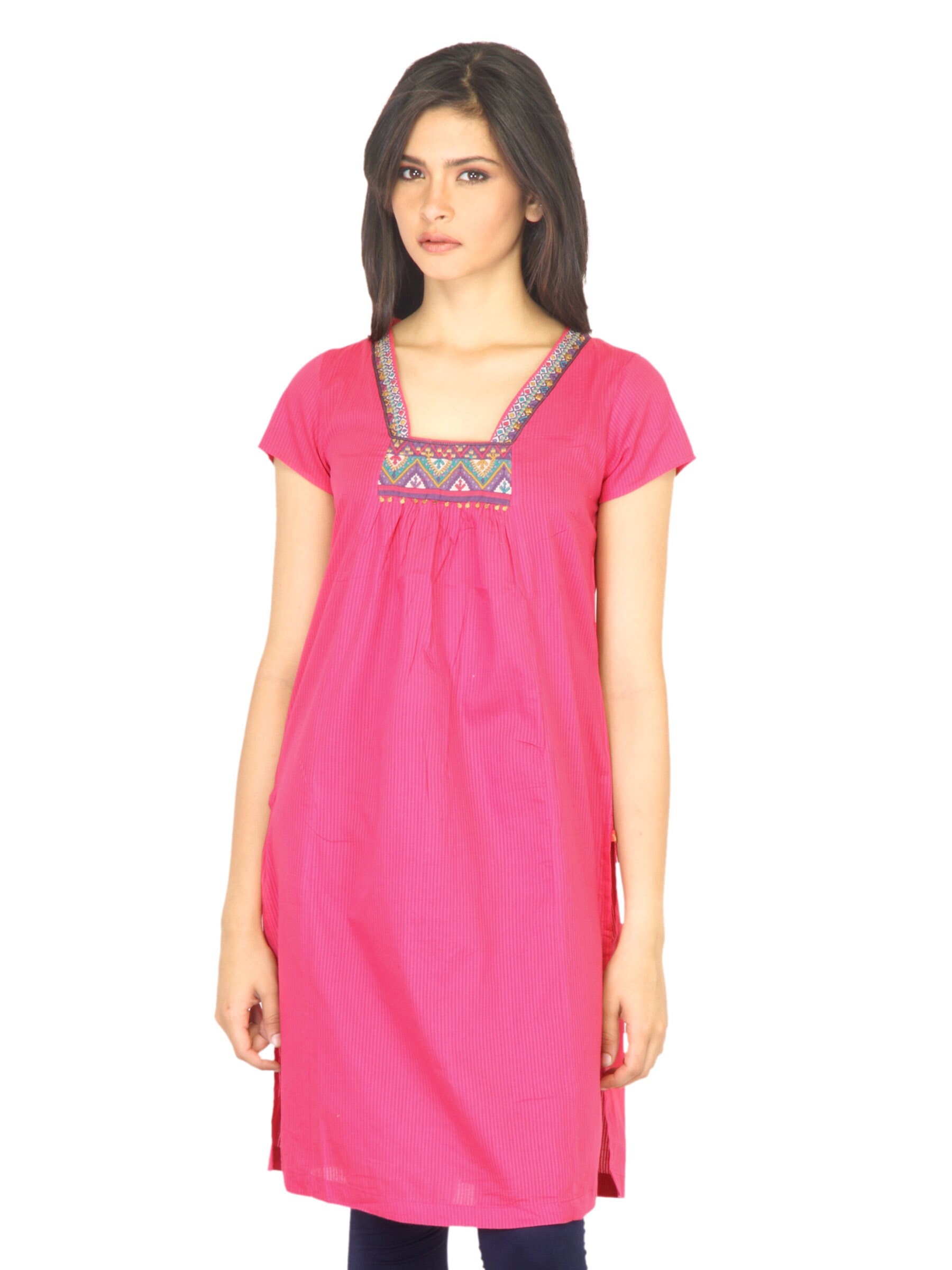 W Women Gathered Design Pink Kurta