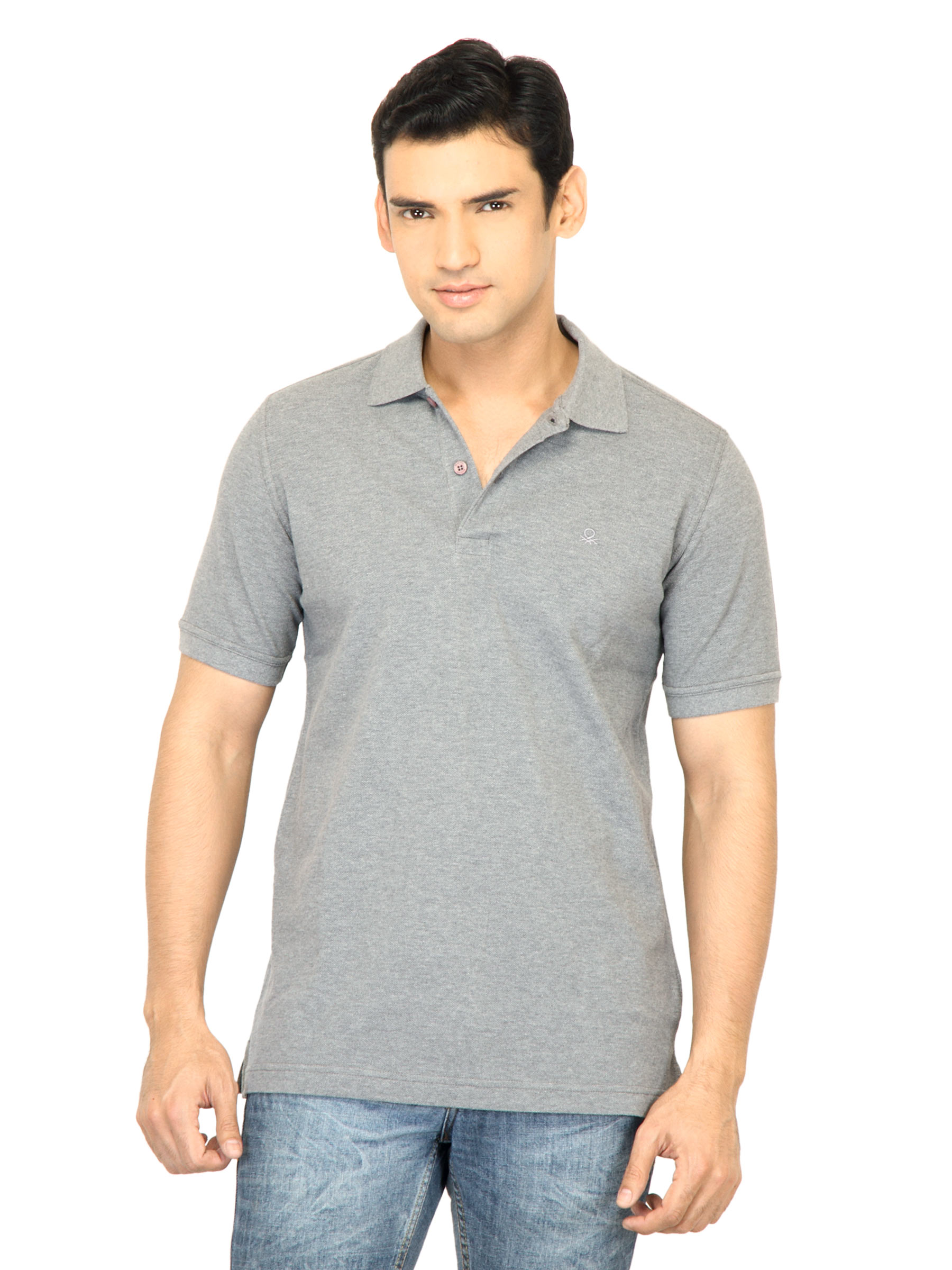 United Colors of Benetton Men Solid Grey Polo Tshirt