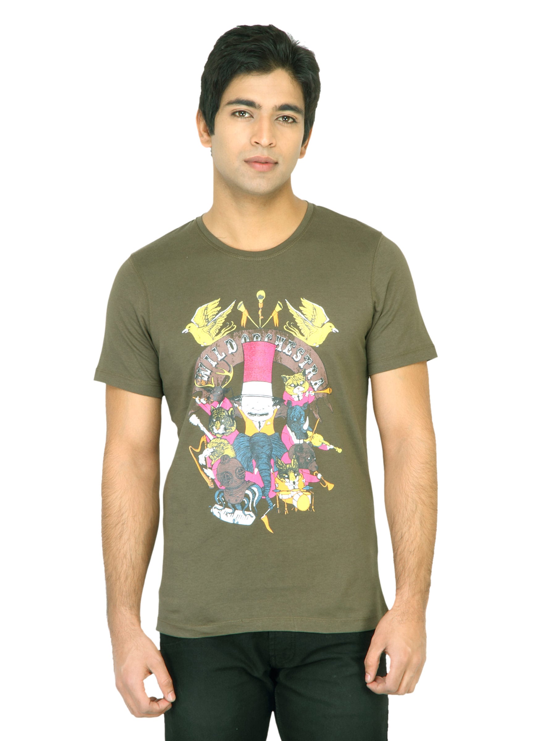 United Colors of Benetton Men Printed Olive TShirt