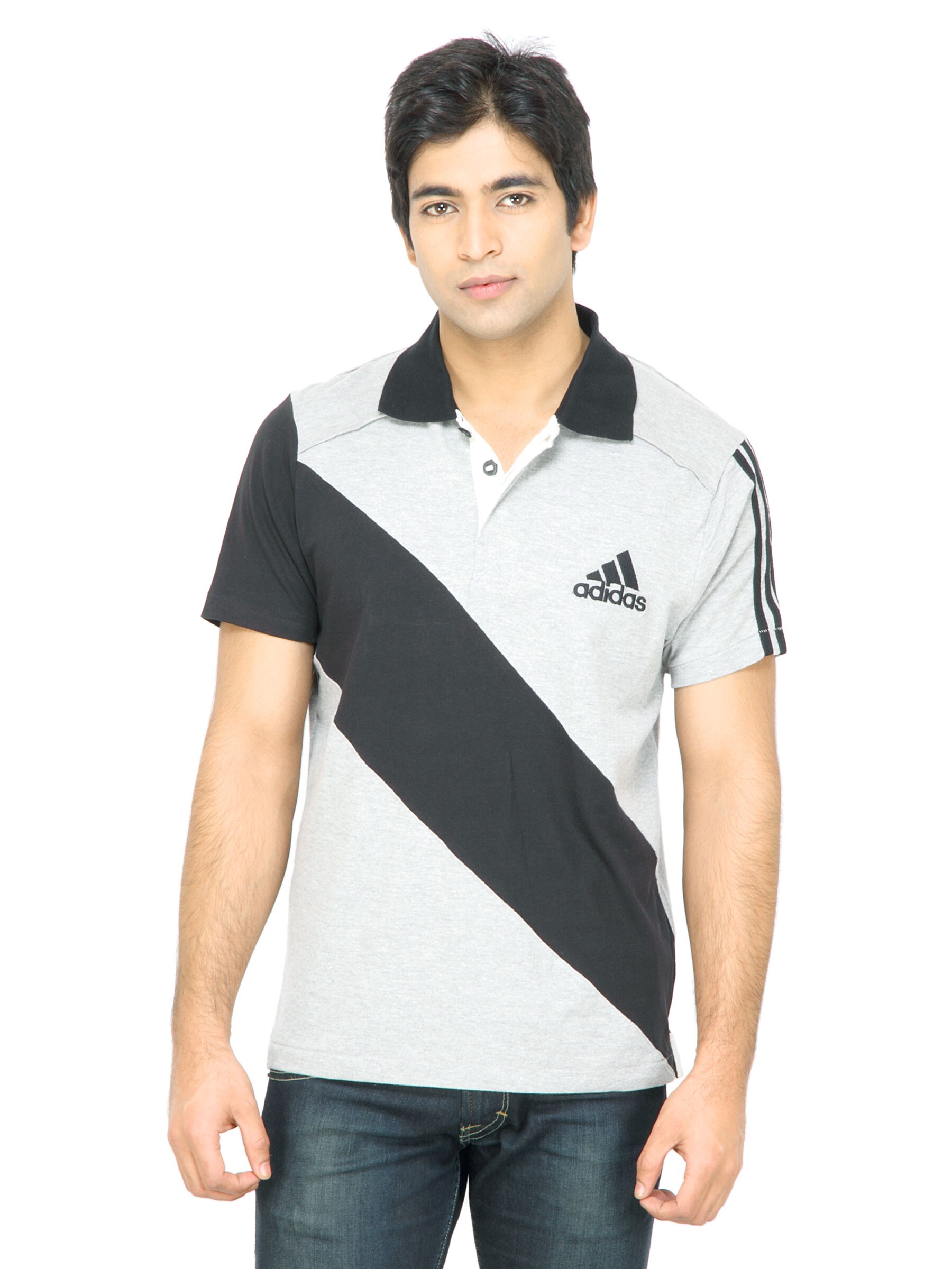 ADIDAS Men Striped Grey Tshirt