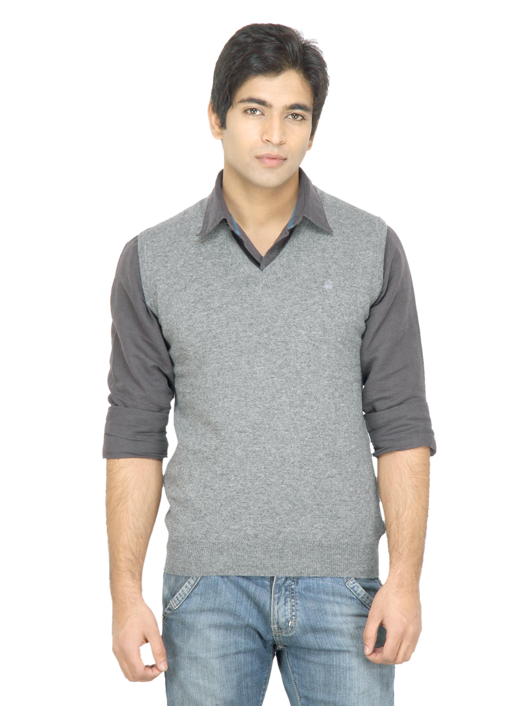 United Colors of Benetton Men Solid Grey Sweater