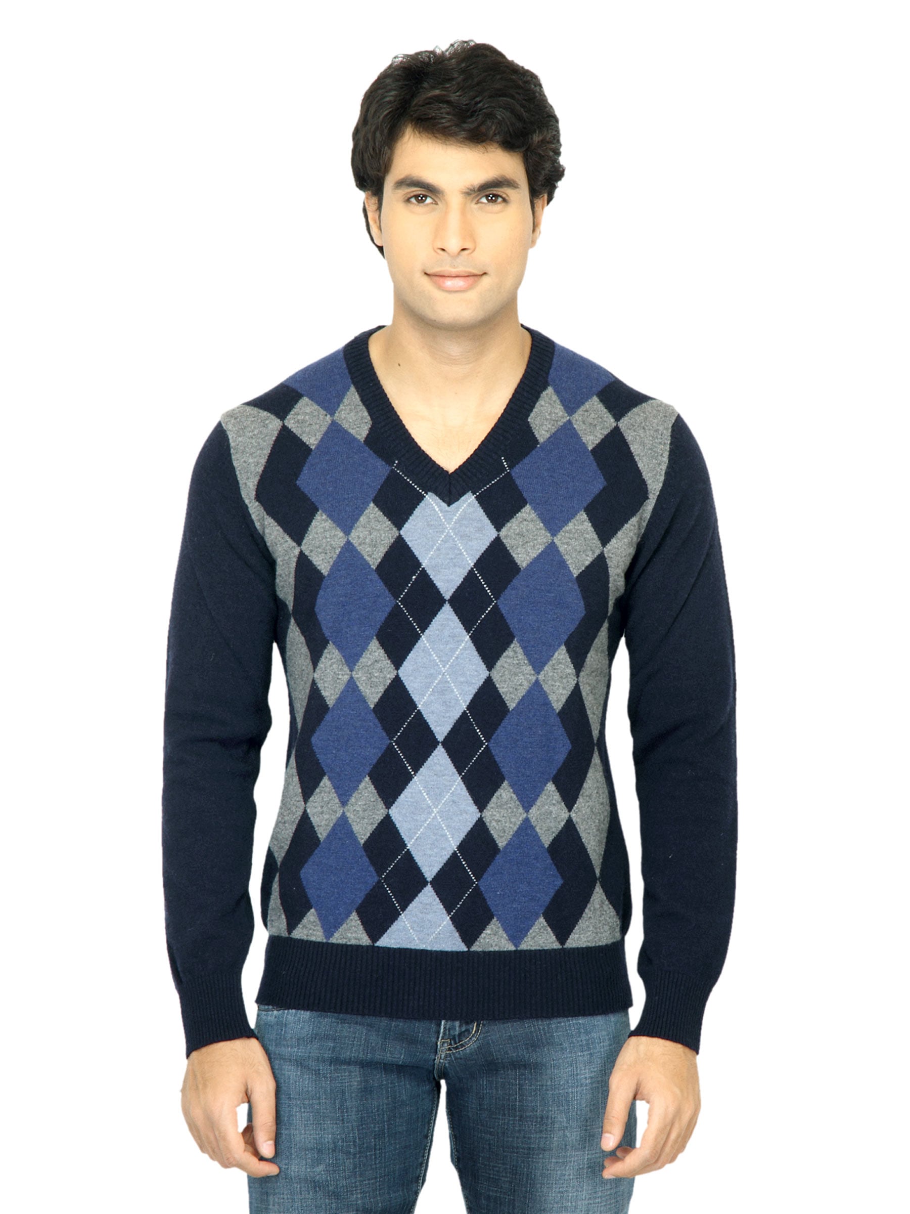 United Colors of Benetton Men Check Navy Blue Sweater