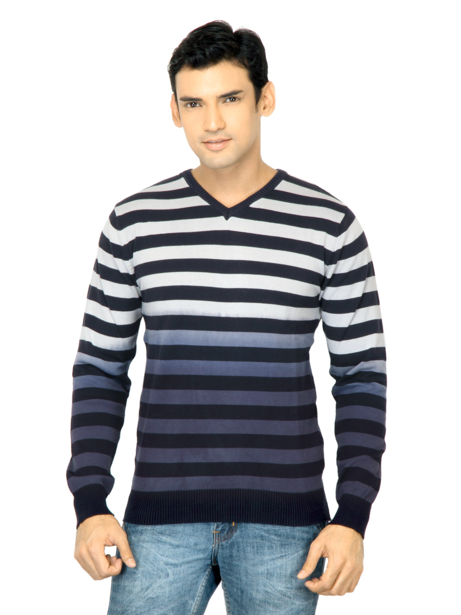 United Colors of Benetton Men Stripes Navy Blue Sweater