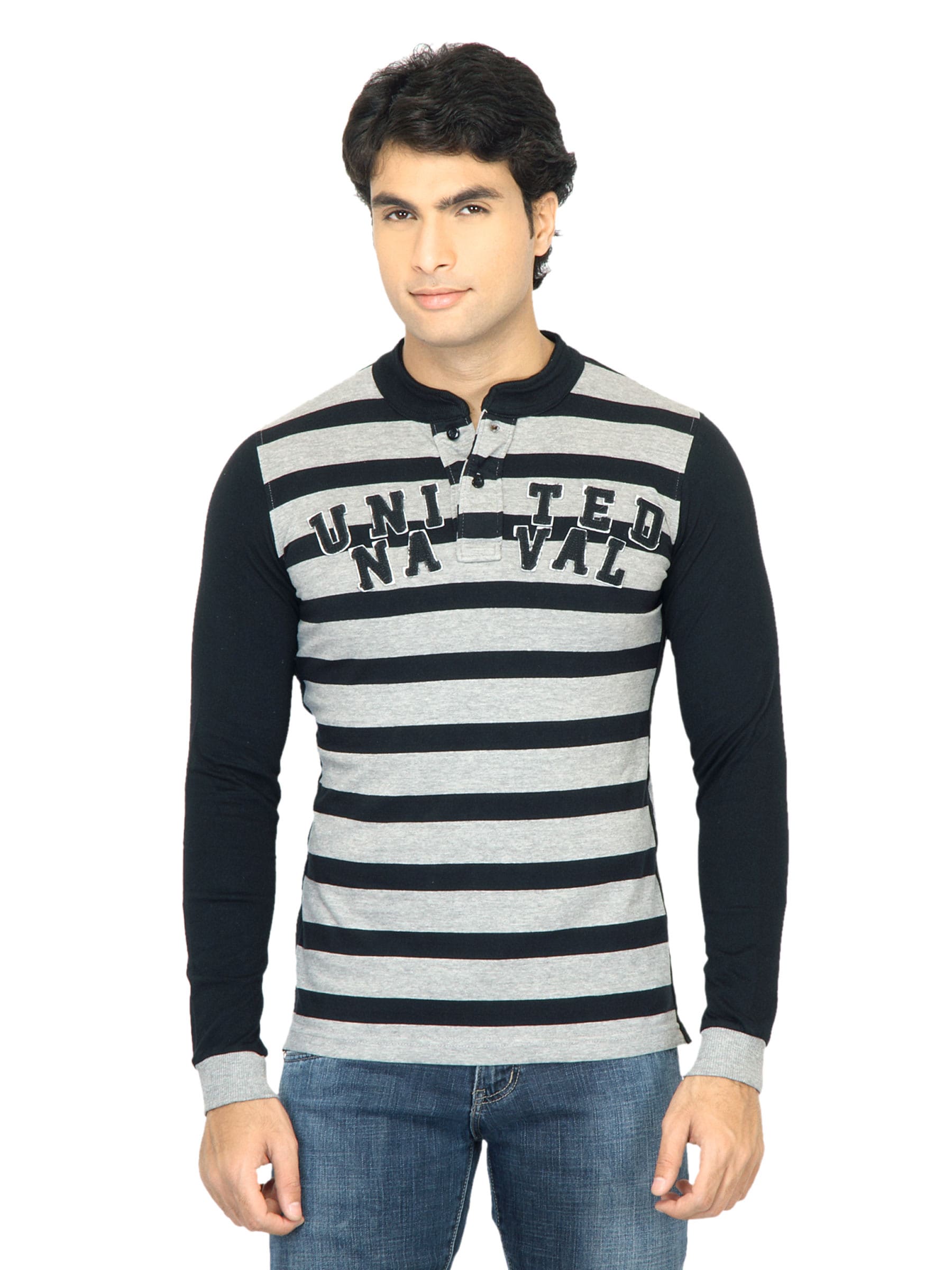 United Colors of Benetton Men Stripes Grey Tshirt