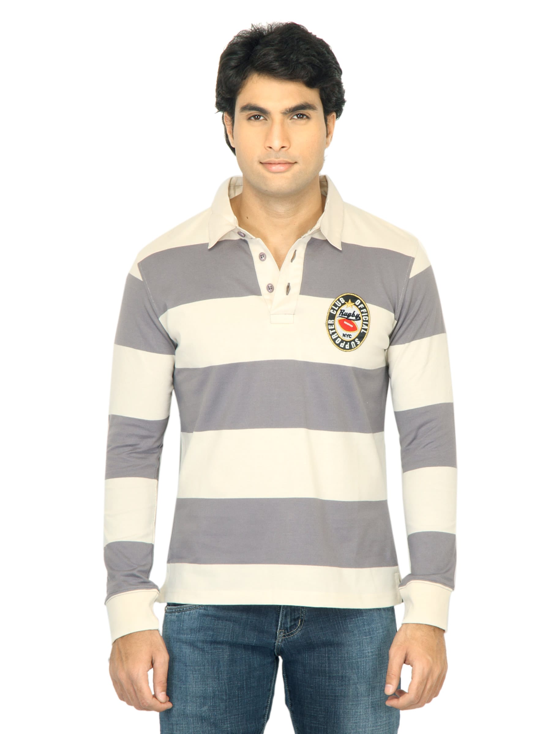 United Colors of Benetton Men Stripes Cream Polo Tshirt