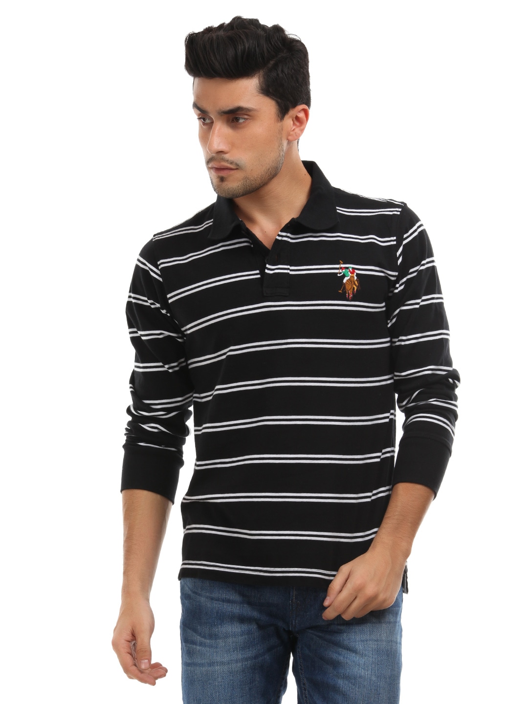 U.S. Polo Assn. Men Black Striped Polo T-shirt