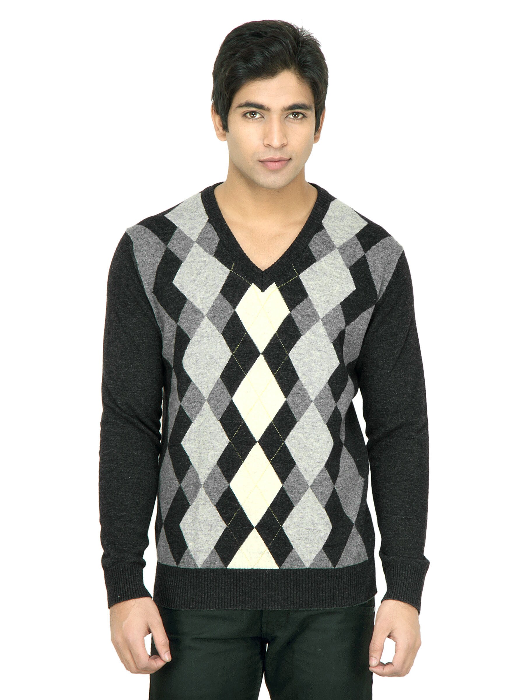 United Colors of Benetton Men Check Grey Sweater