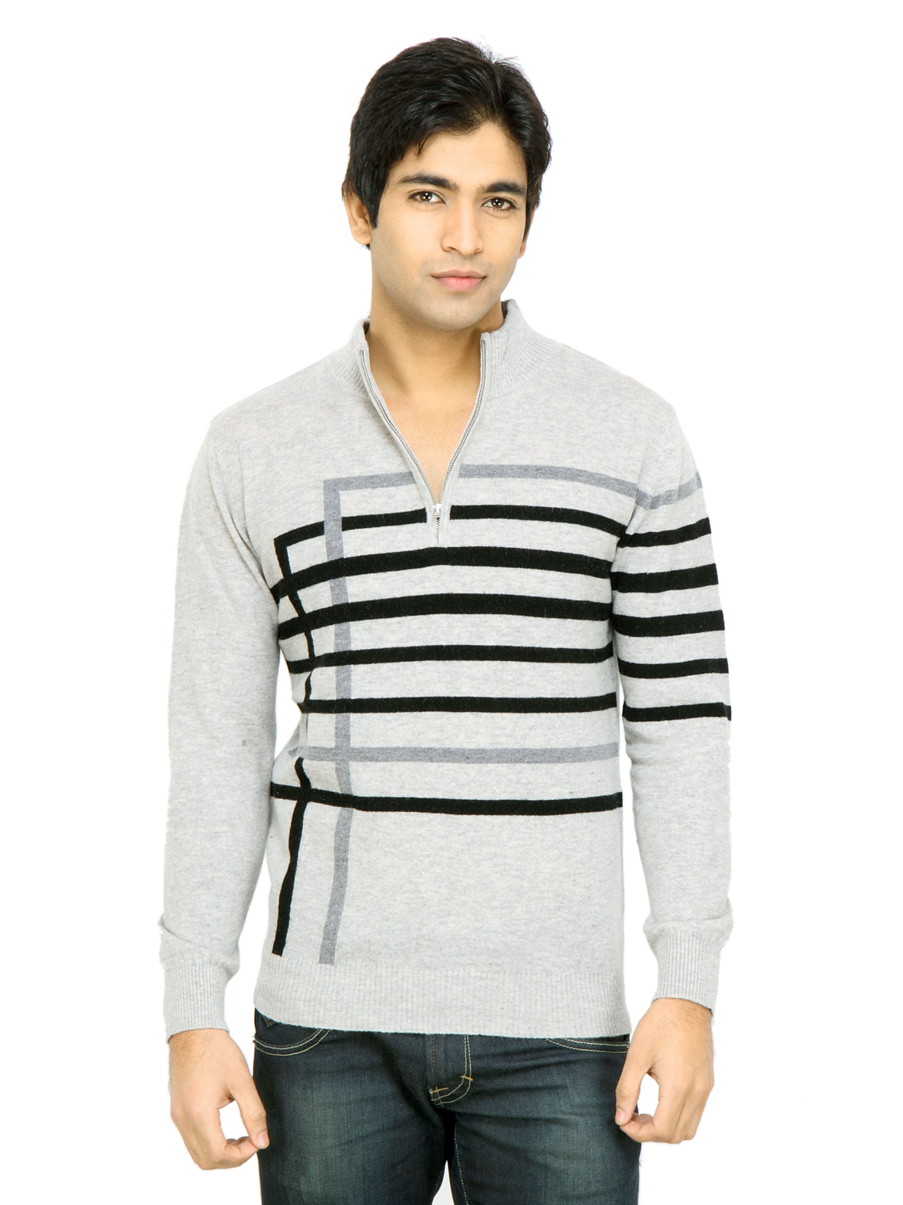 United Colors of Benetton Men Stripes Grey Sweater