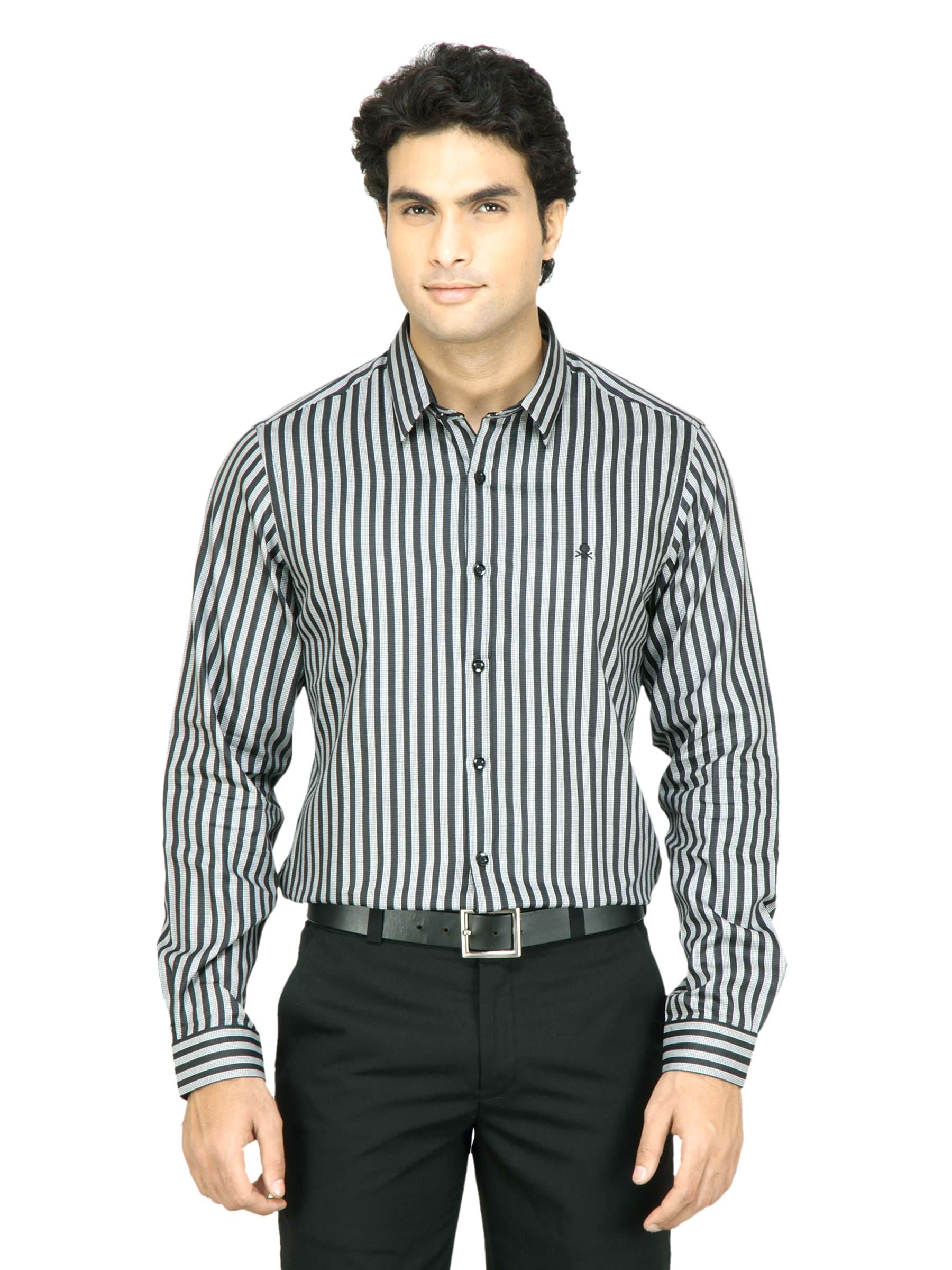 United Colors of Benetton Men Striped Black Shirt