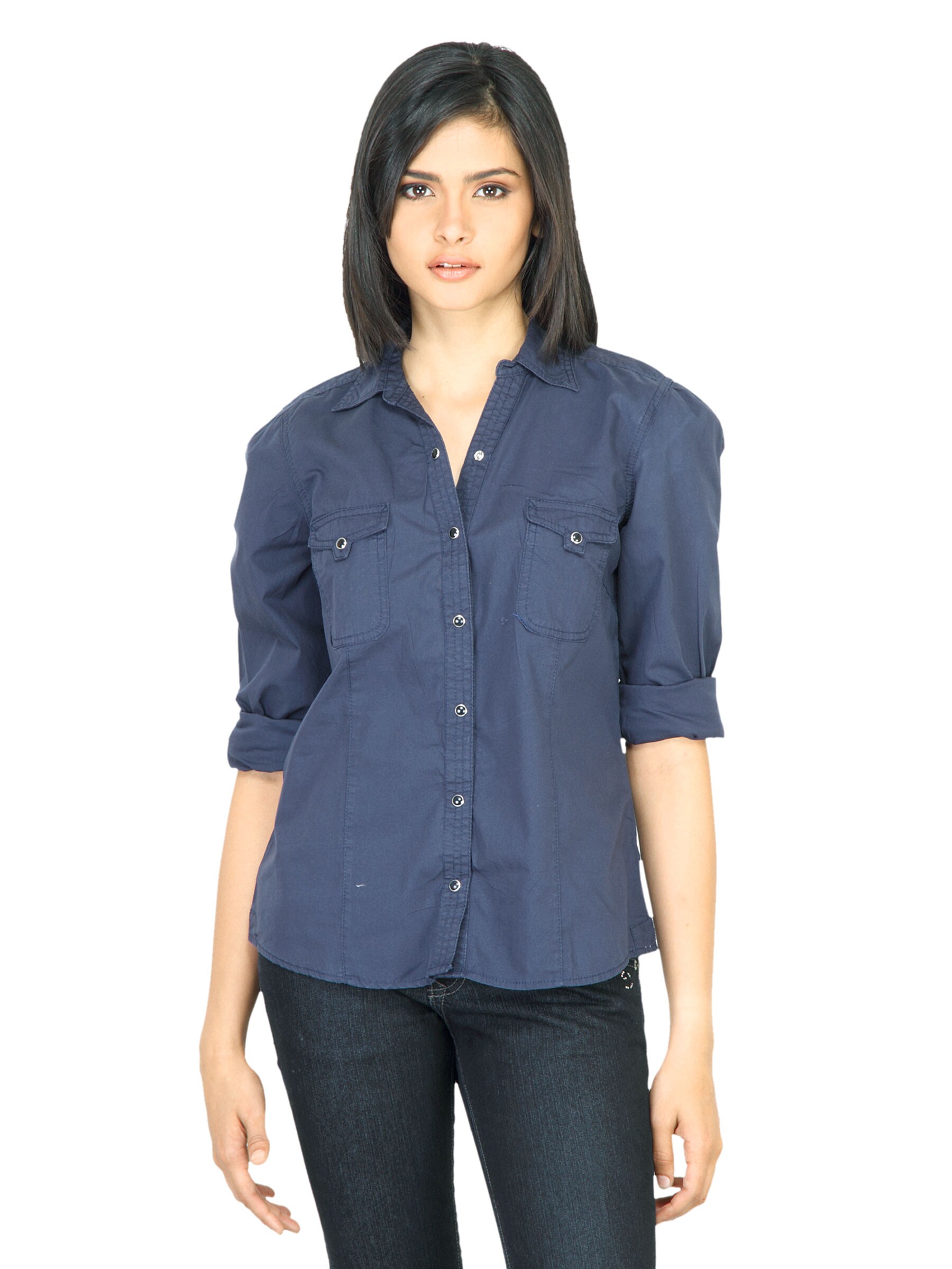 Wrangler Women Puff Navy Blue Shirt