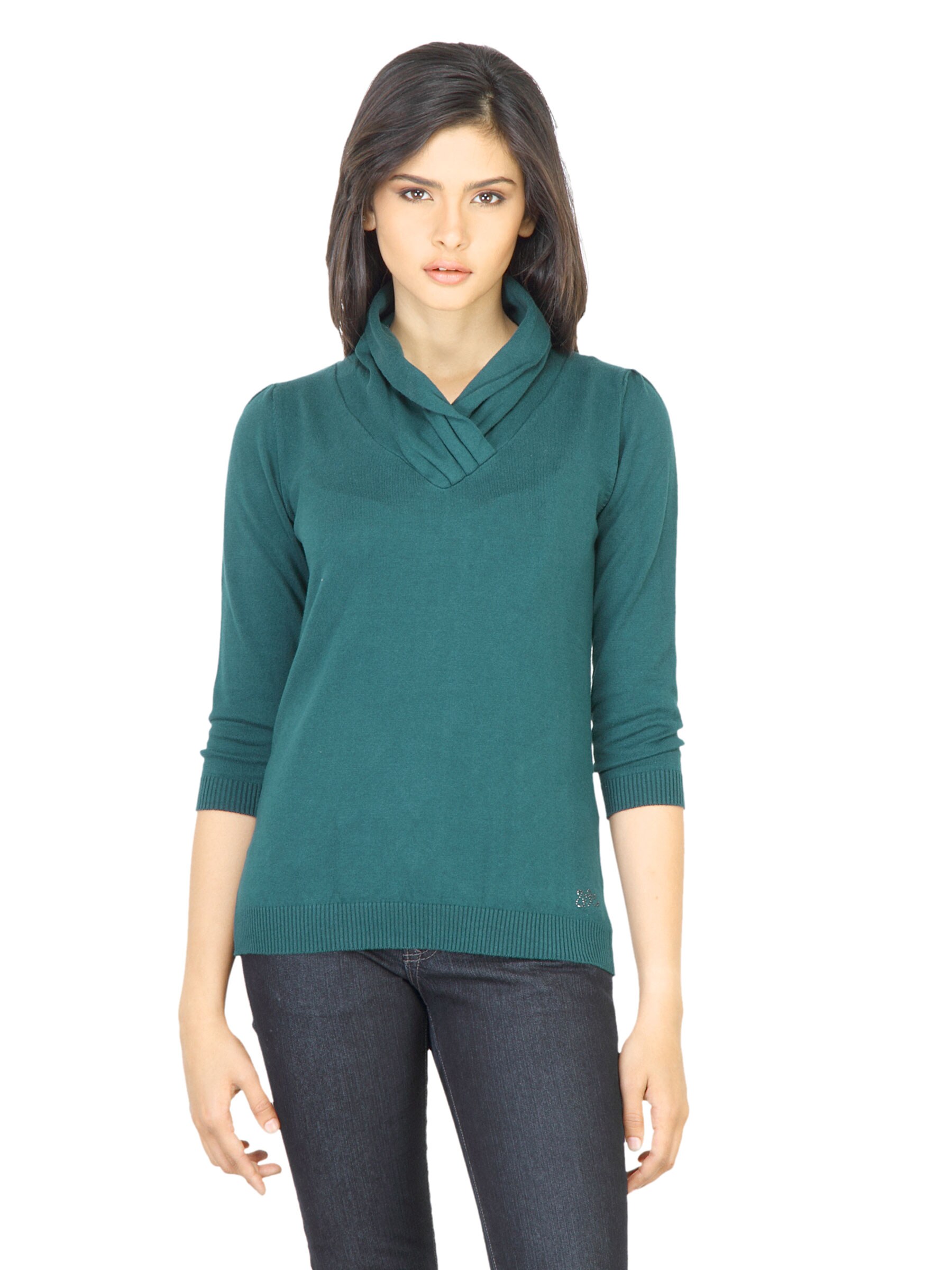 Wrangler Women Solid Green Sweater