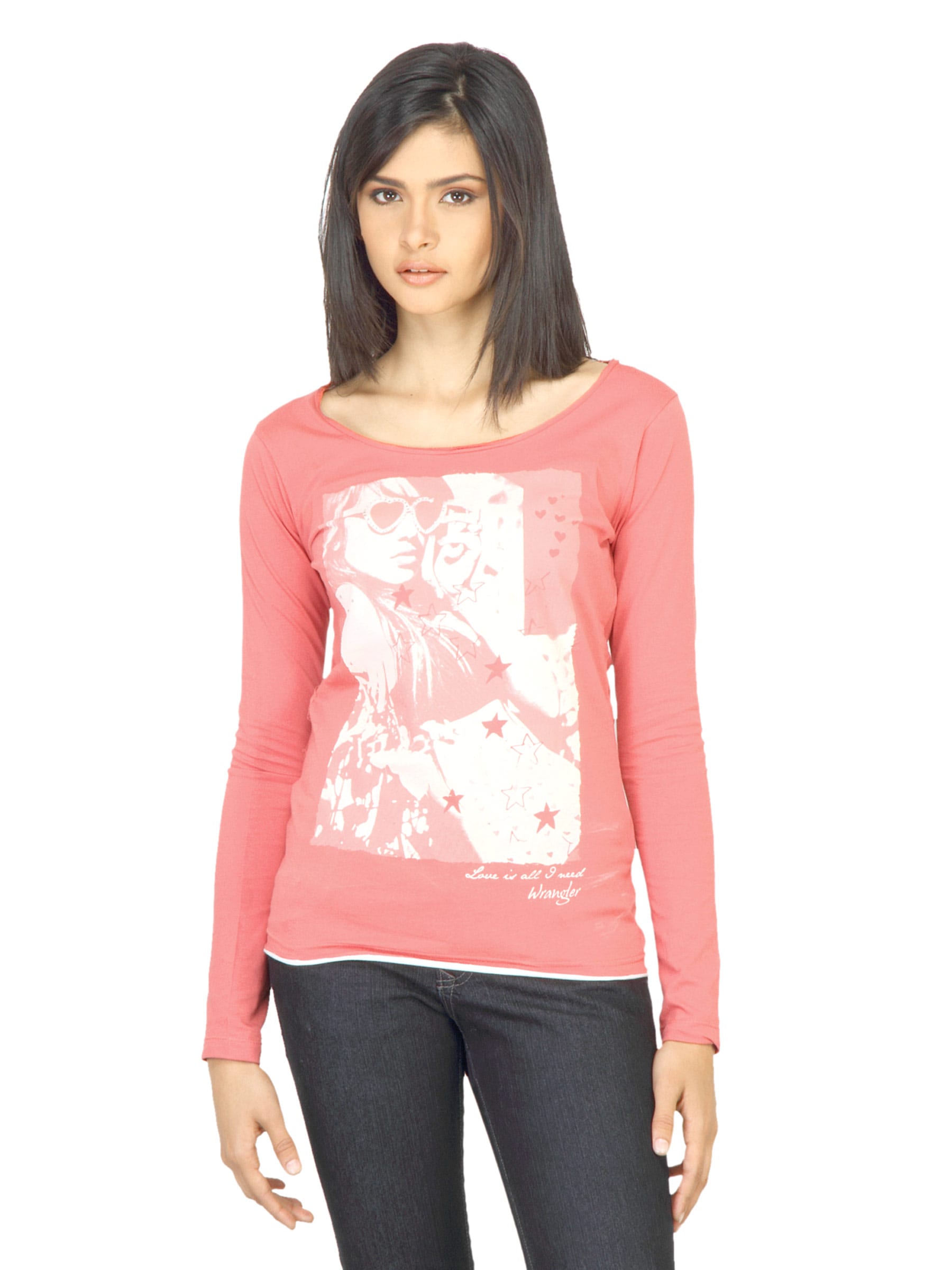 Wrangler Women Printed Peach T-shirt