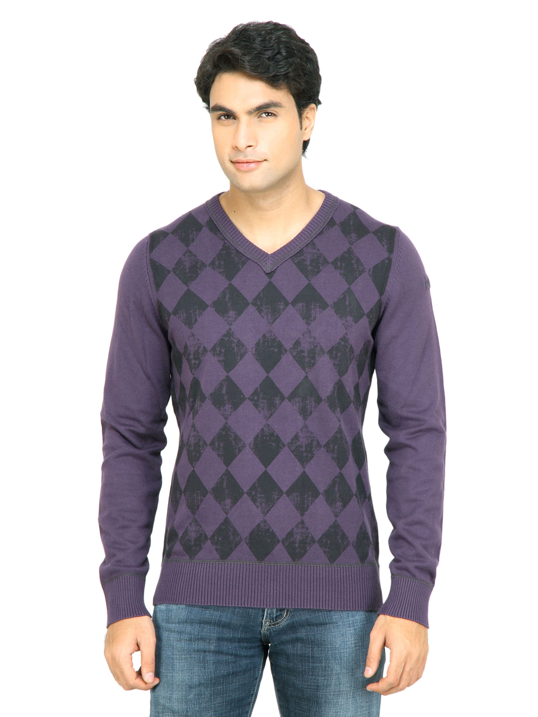 s.Oliver Men Check Purple Sweater