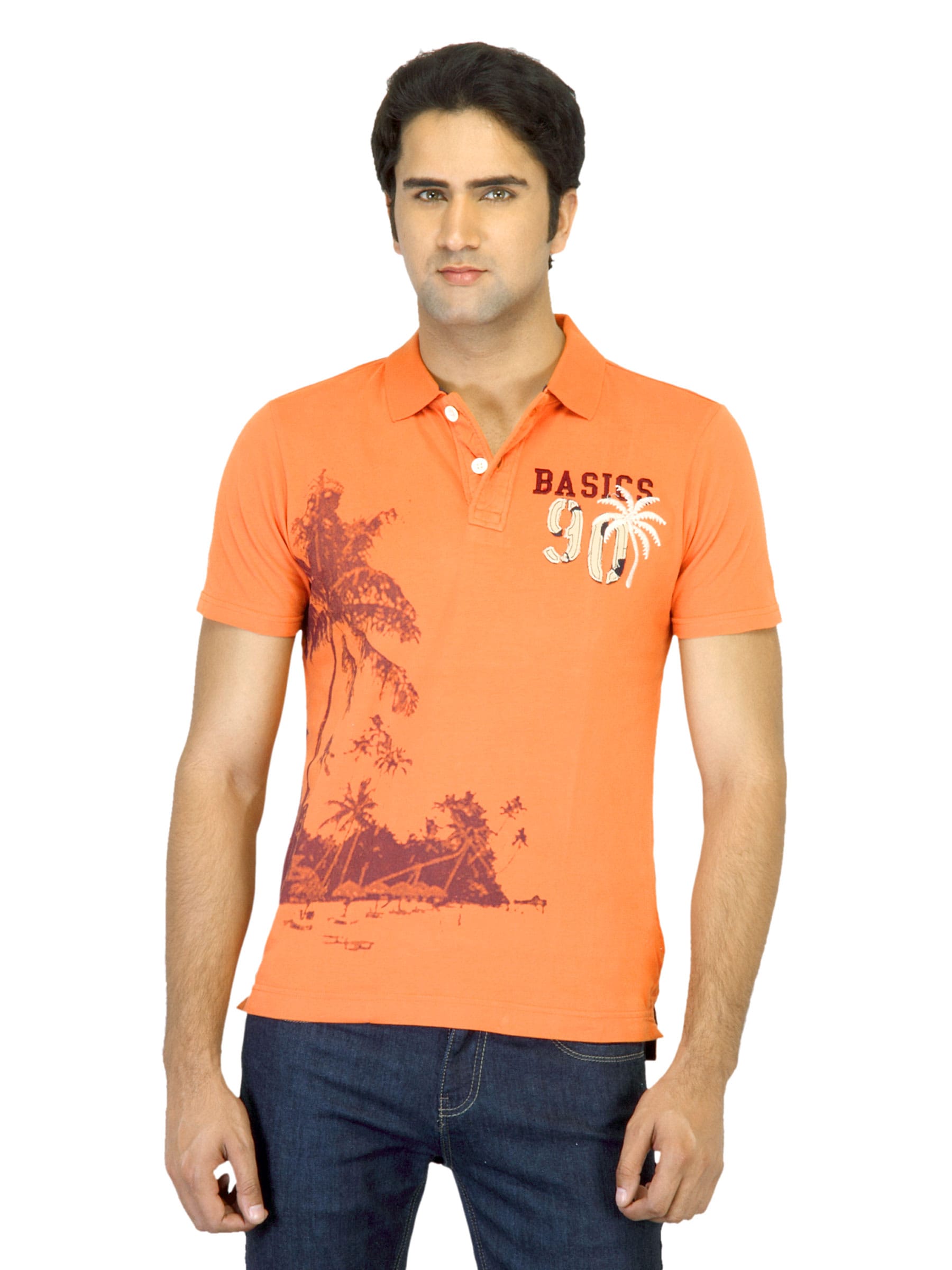 Basics Men Orange Printed Polo T-shirt
