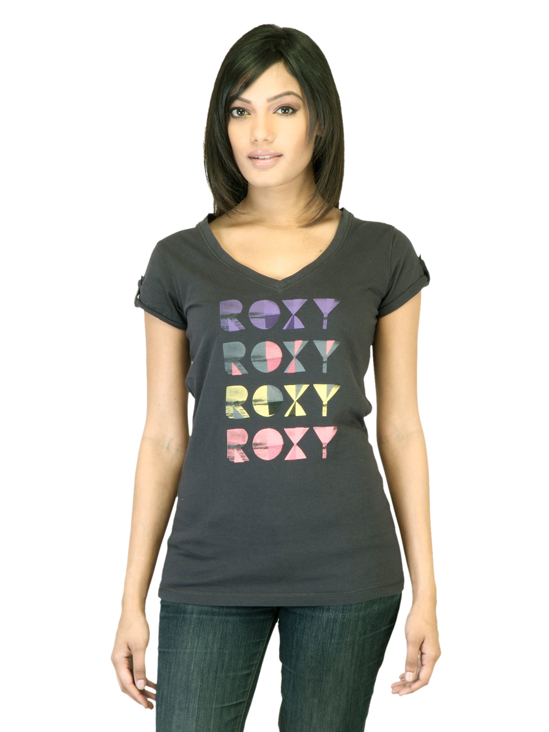 Roxy Women Printed Grey T-shirt