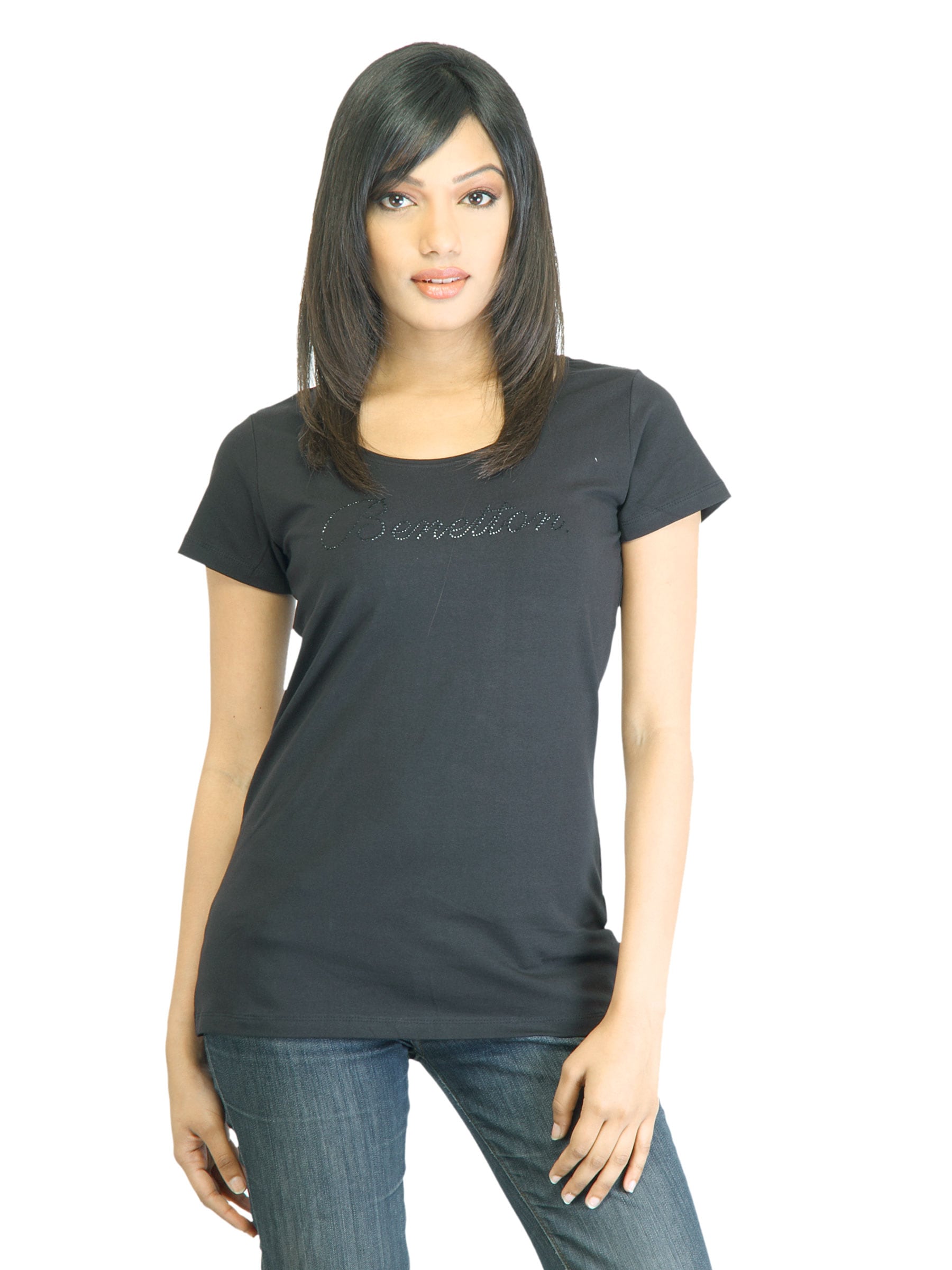 United Colors of Benetton Women Solid Black Tshirt