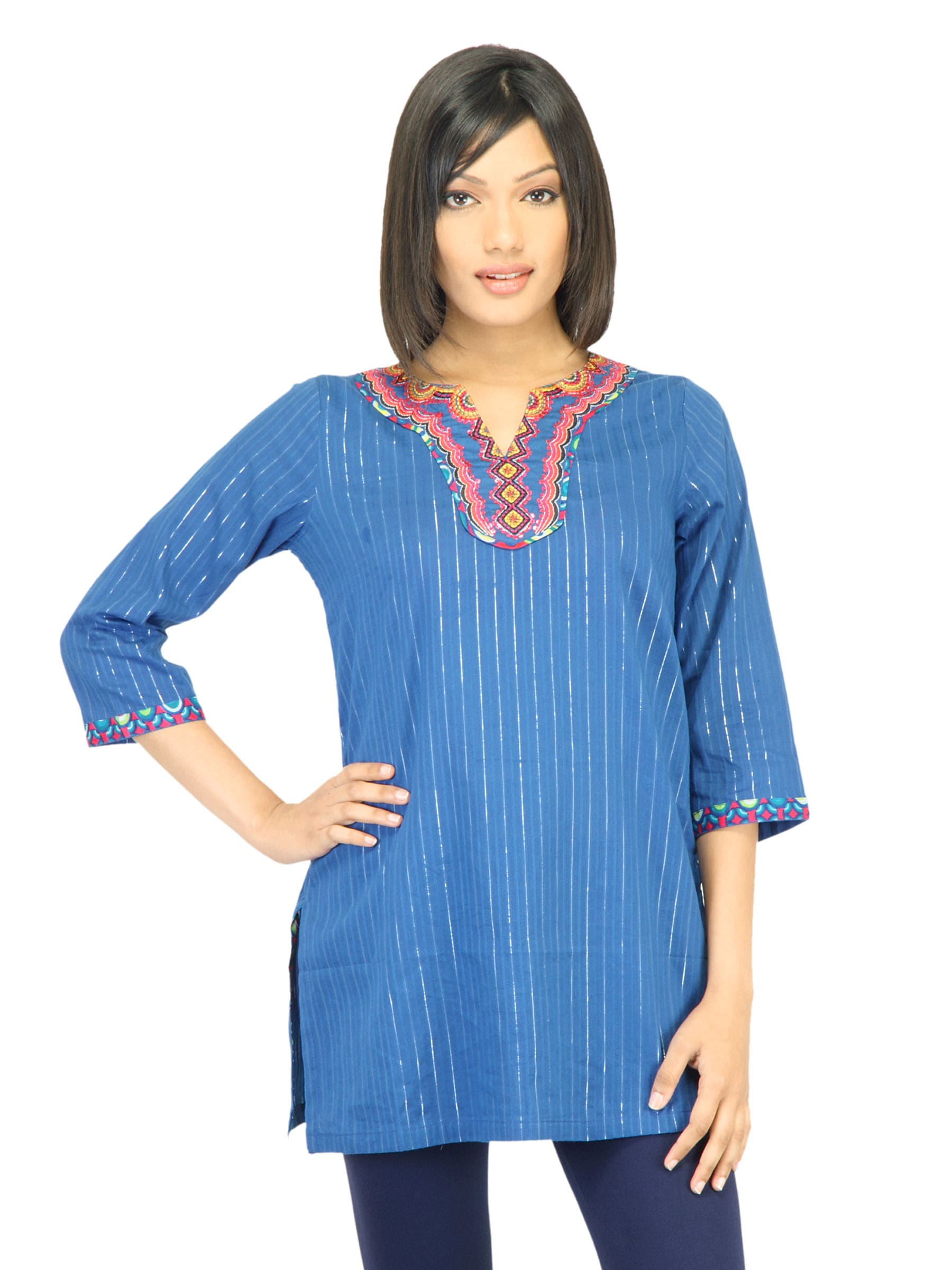 BIBA Women Sliver Stripes Blue Kurta