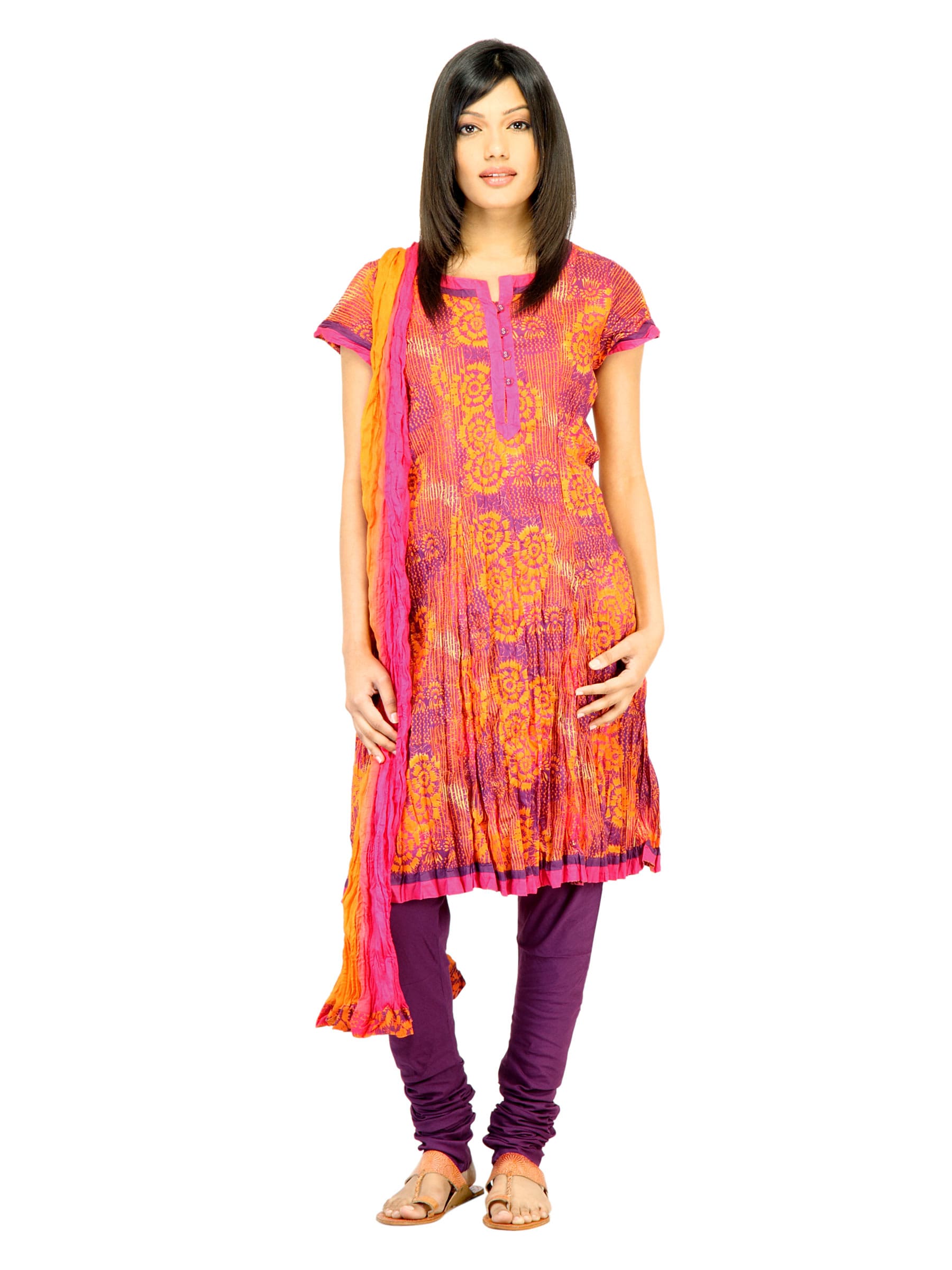 Biba Women Orange & Purple Printed Churidar Kurta with Dupatta