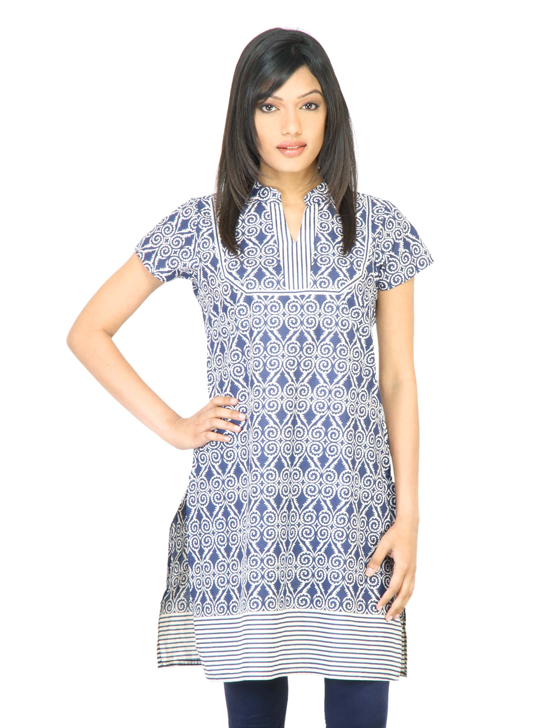 Vishudh Women Printed Navy Blue Kurta