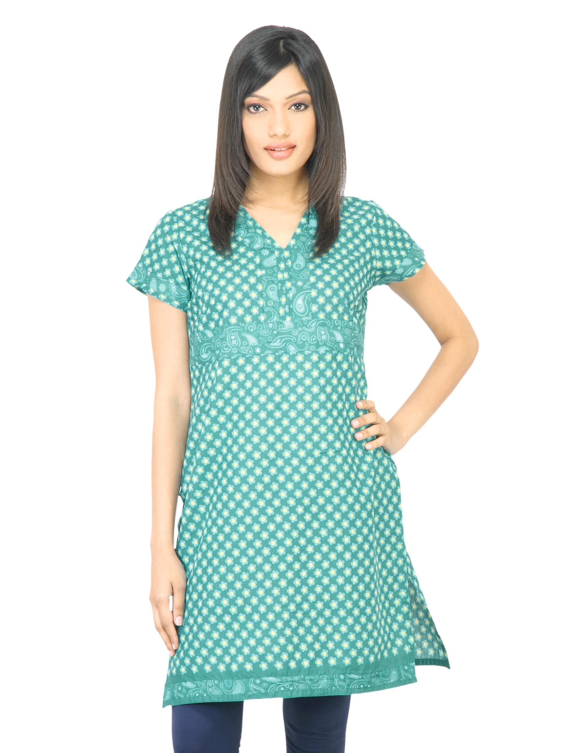 Vishudh Women Sea Green Floral Printed Kurta