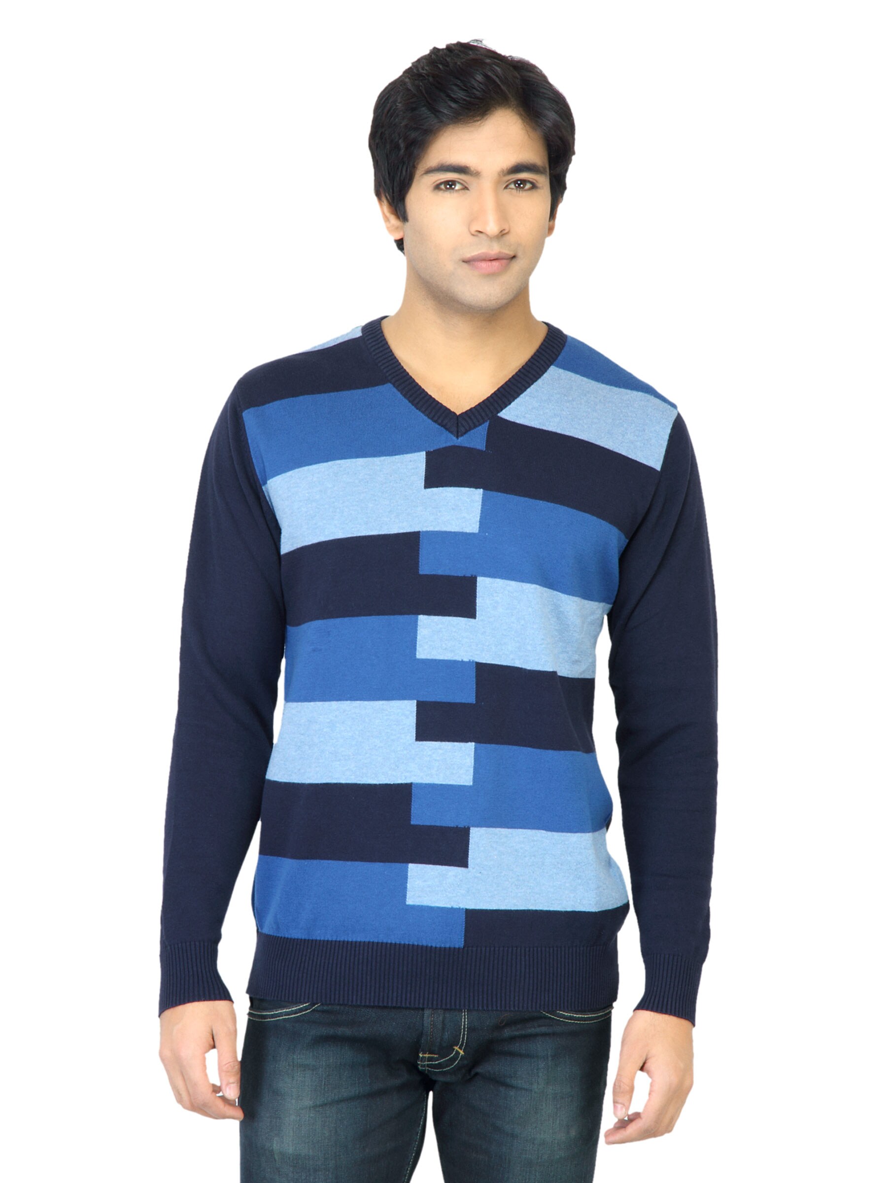 John Players Men Stripes Navy Blue Sweater