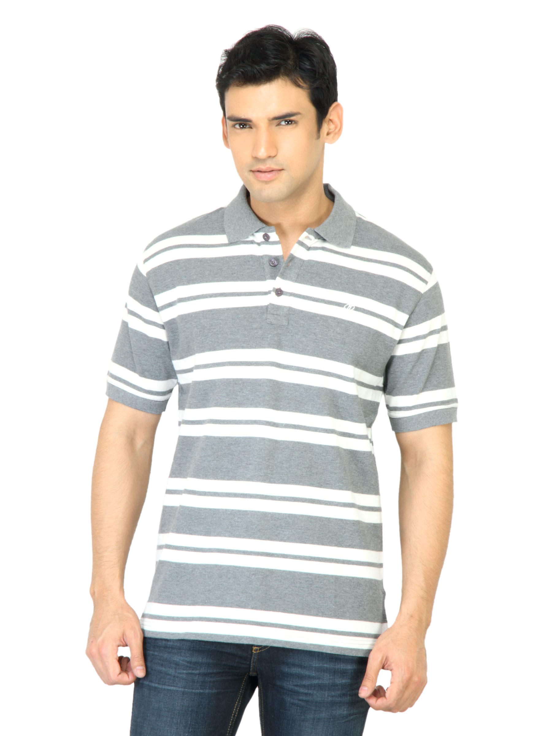 John Players Men Stripes Grey Polo T-Shirt