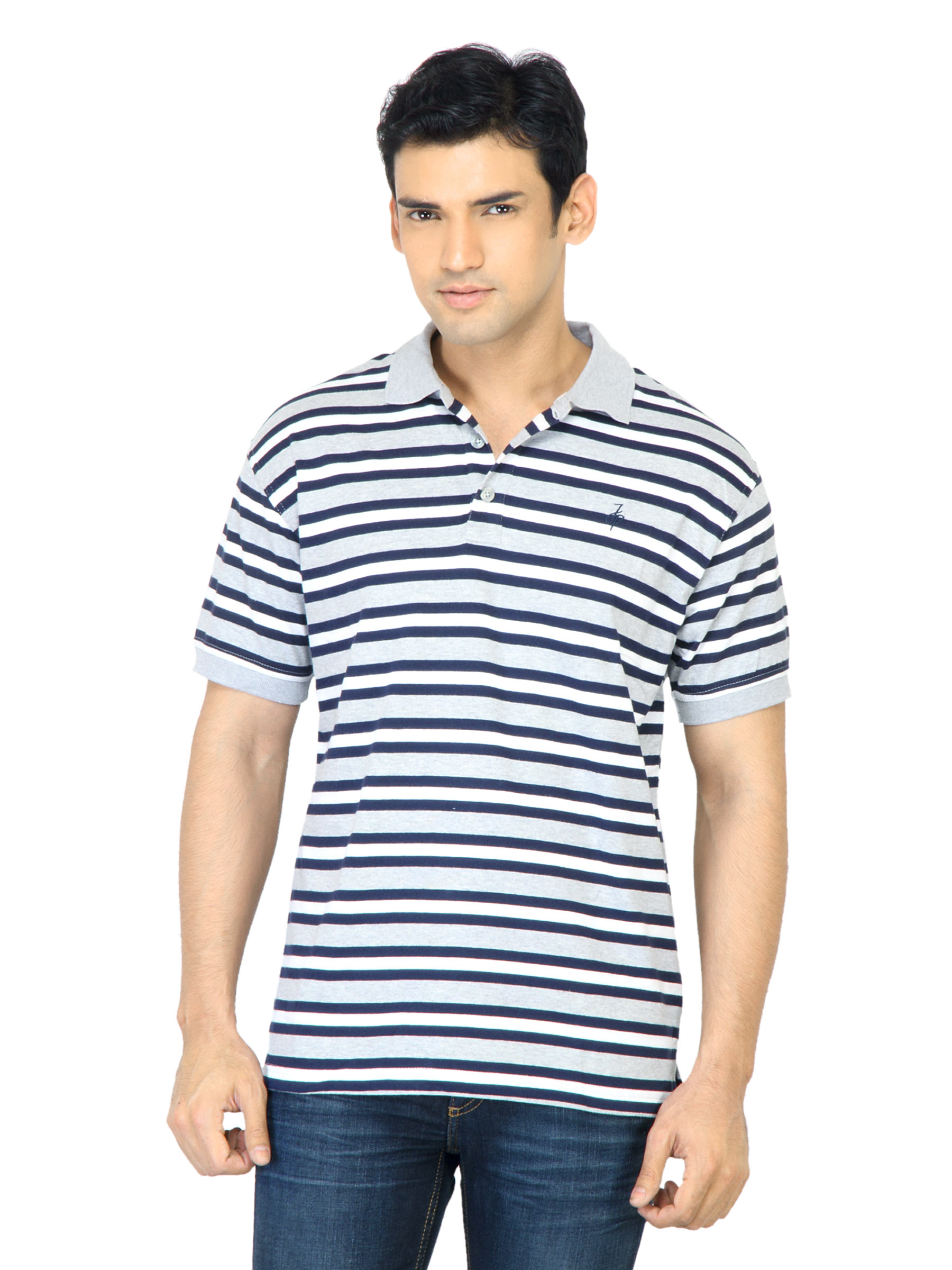 John Players Men Stripes Grey Polo T-Shirt