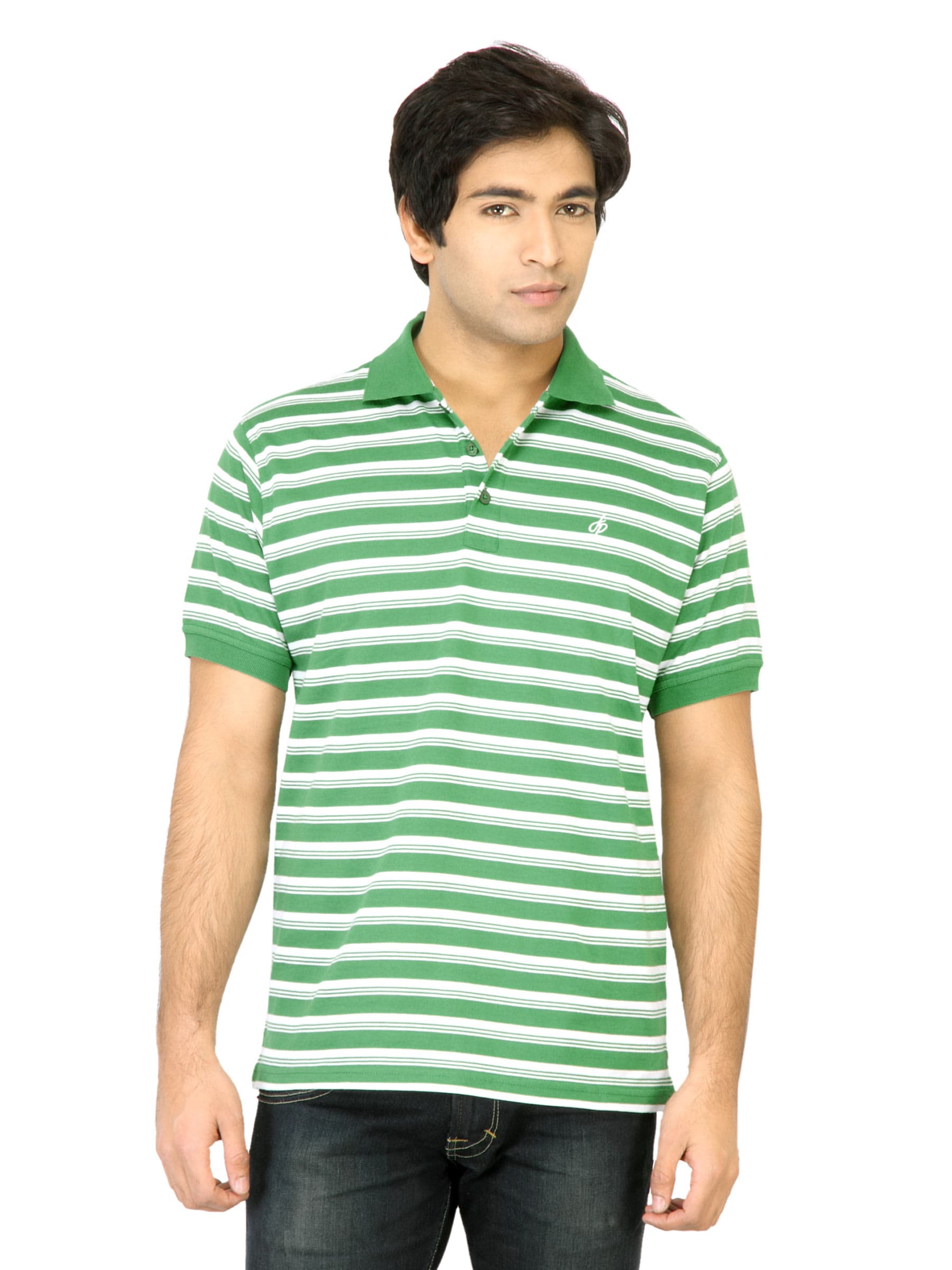 John Players Men Stripes Green Polo T-Shirt