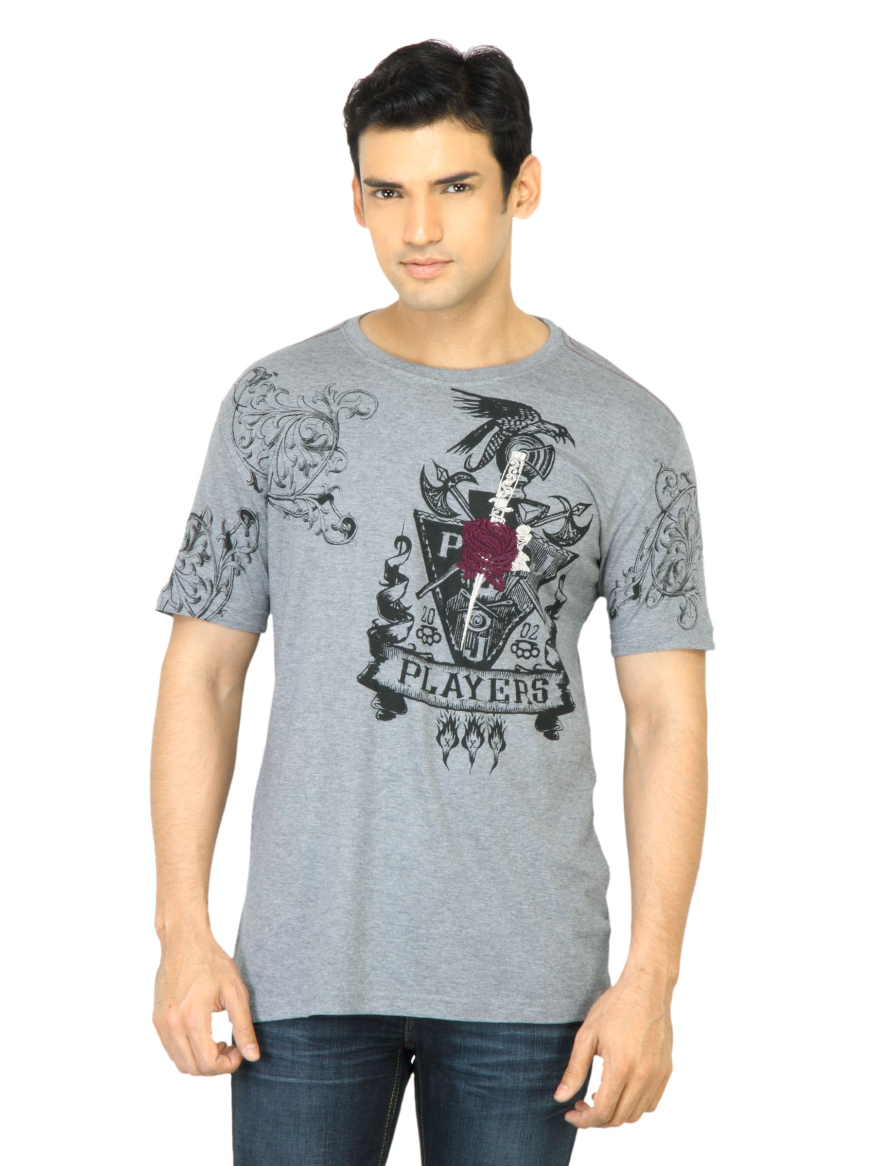 John Players Men Printed Grey T-Shirt