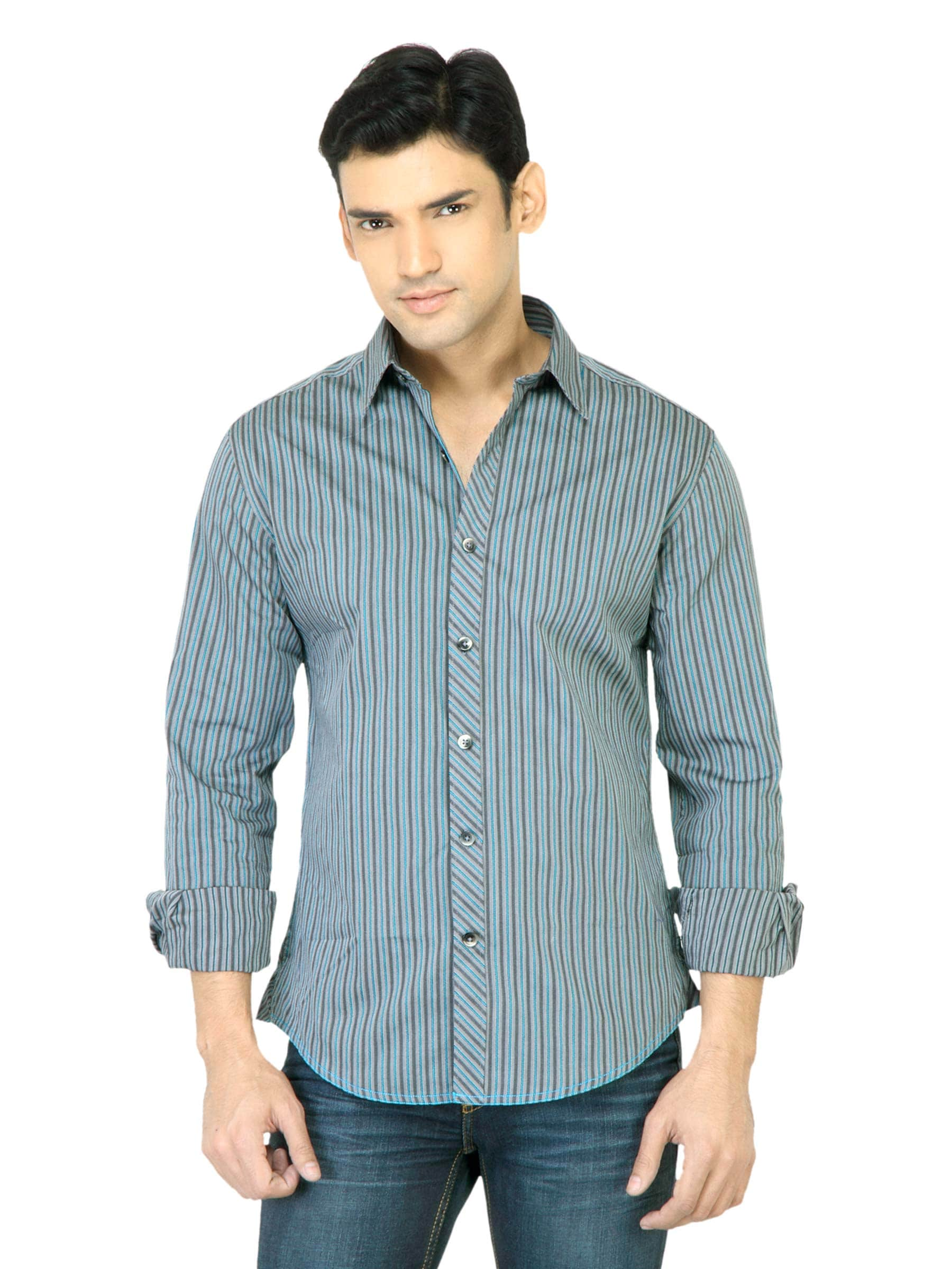 John Players Men Stripes Grey Shirt