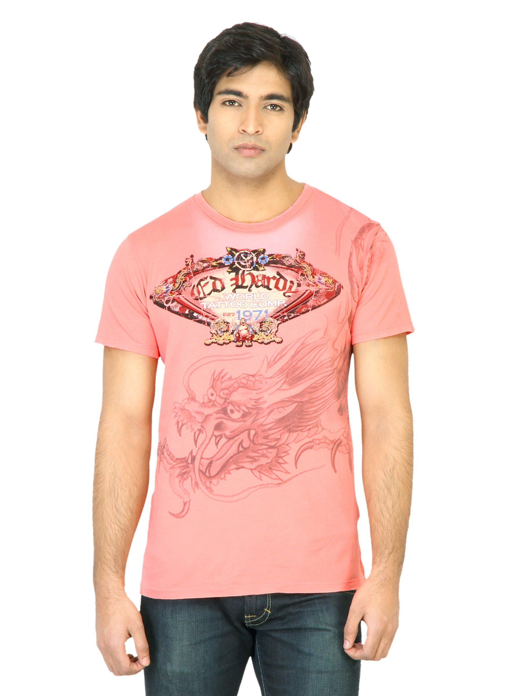 Ed Hardy Men Diving Dragon Peach T-Shirt