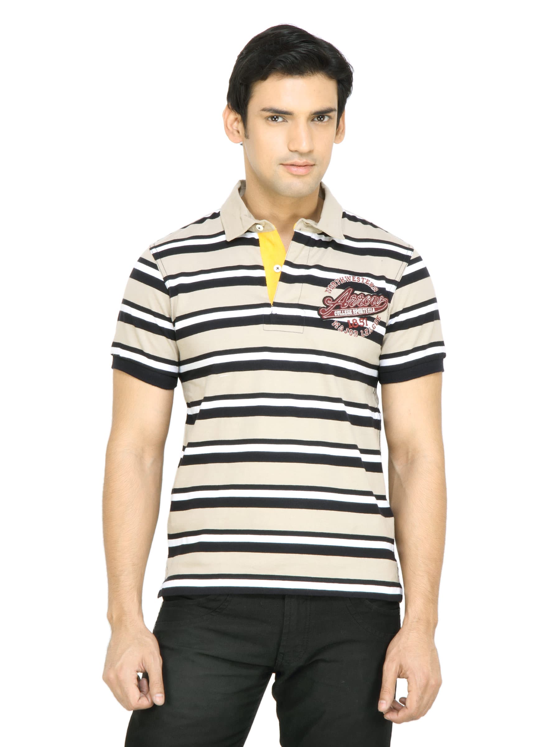 Arrow Sport Men Beige Striped Polo T-shirt