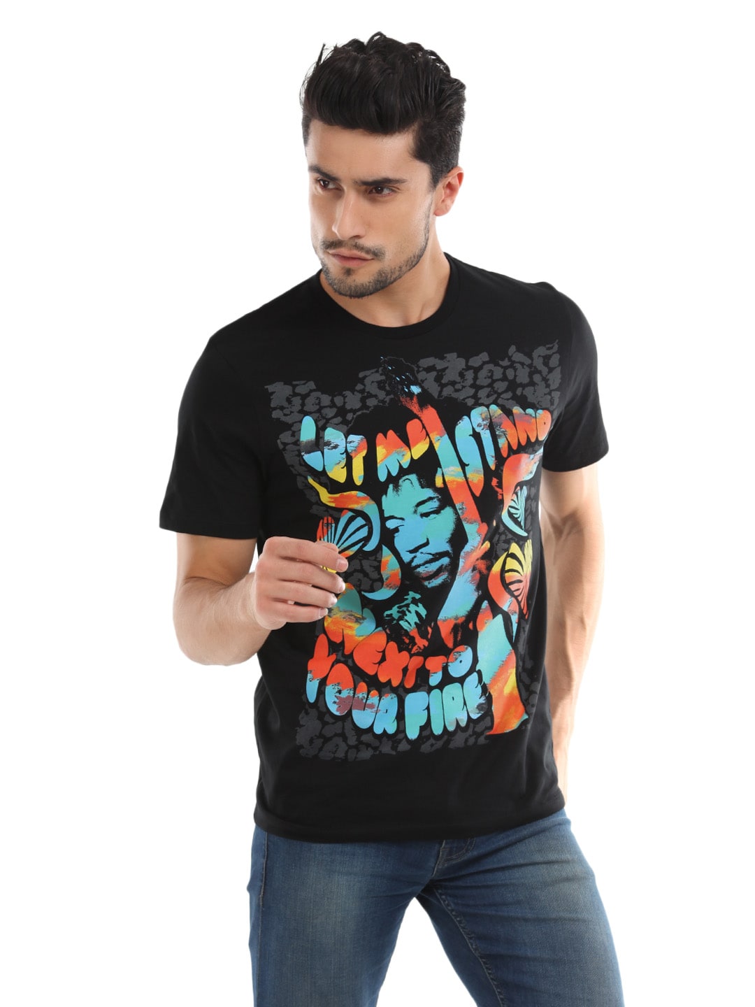 Jimi Hendrix Men Black Printed T-Shirt