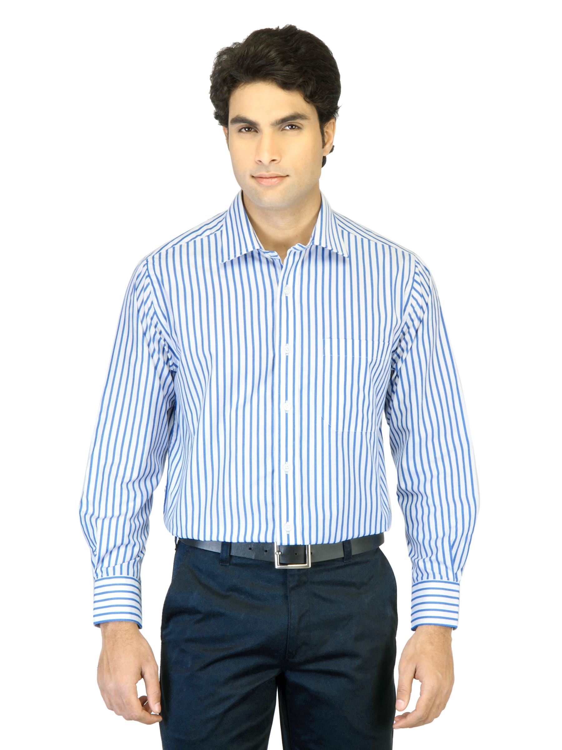 Peter England Men Blue Striped Shirt