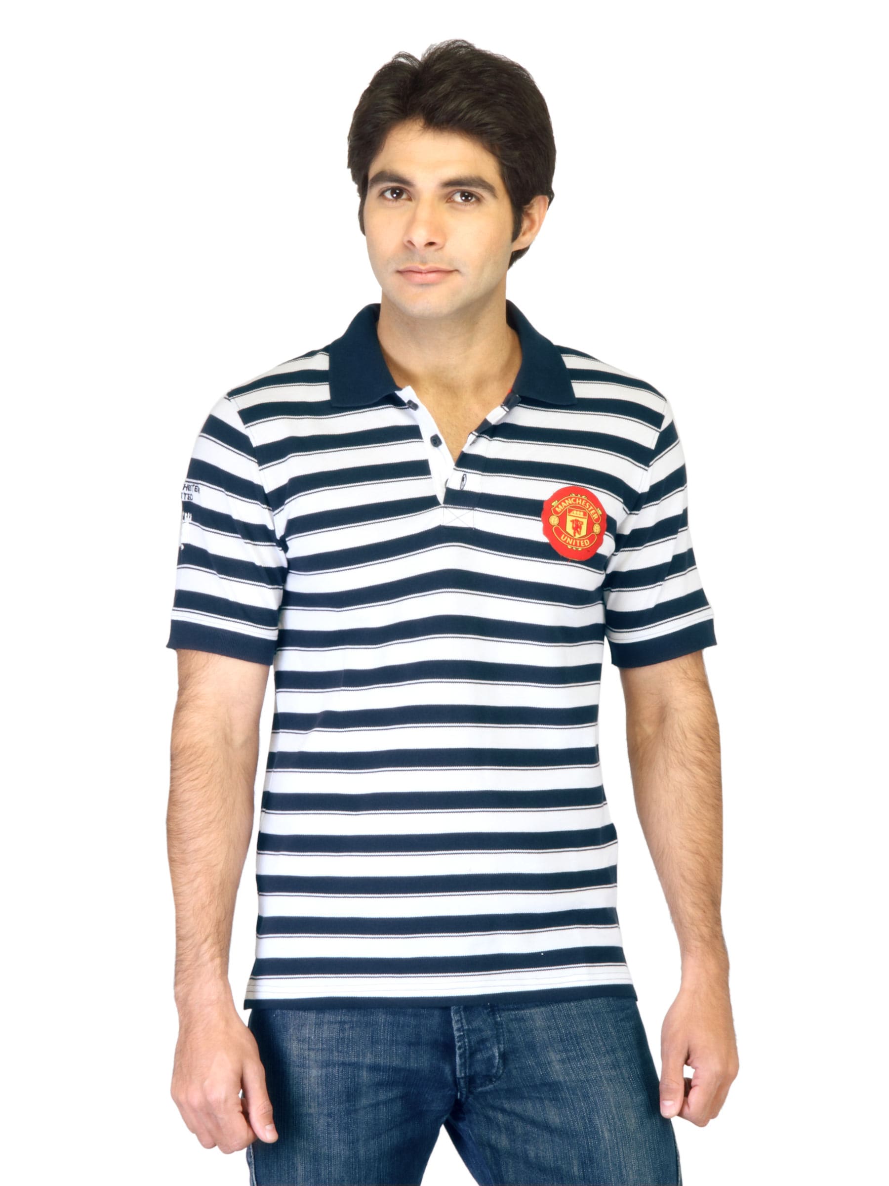 Manchester United Men Navy Blue Striped T-shirt