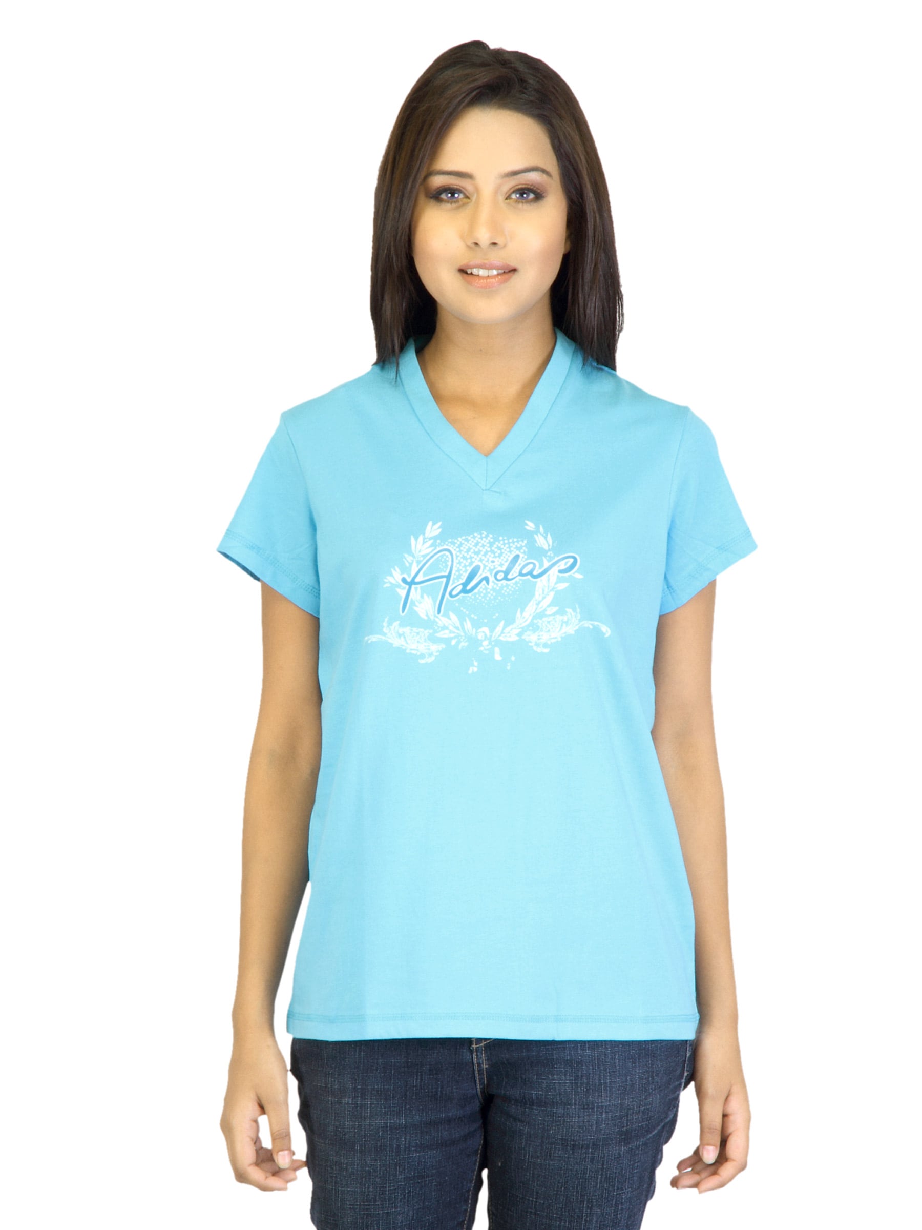 ADIDAS Women Printed Blue T-shirt