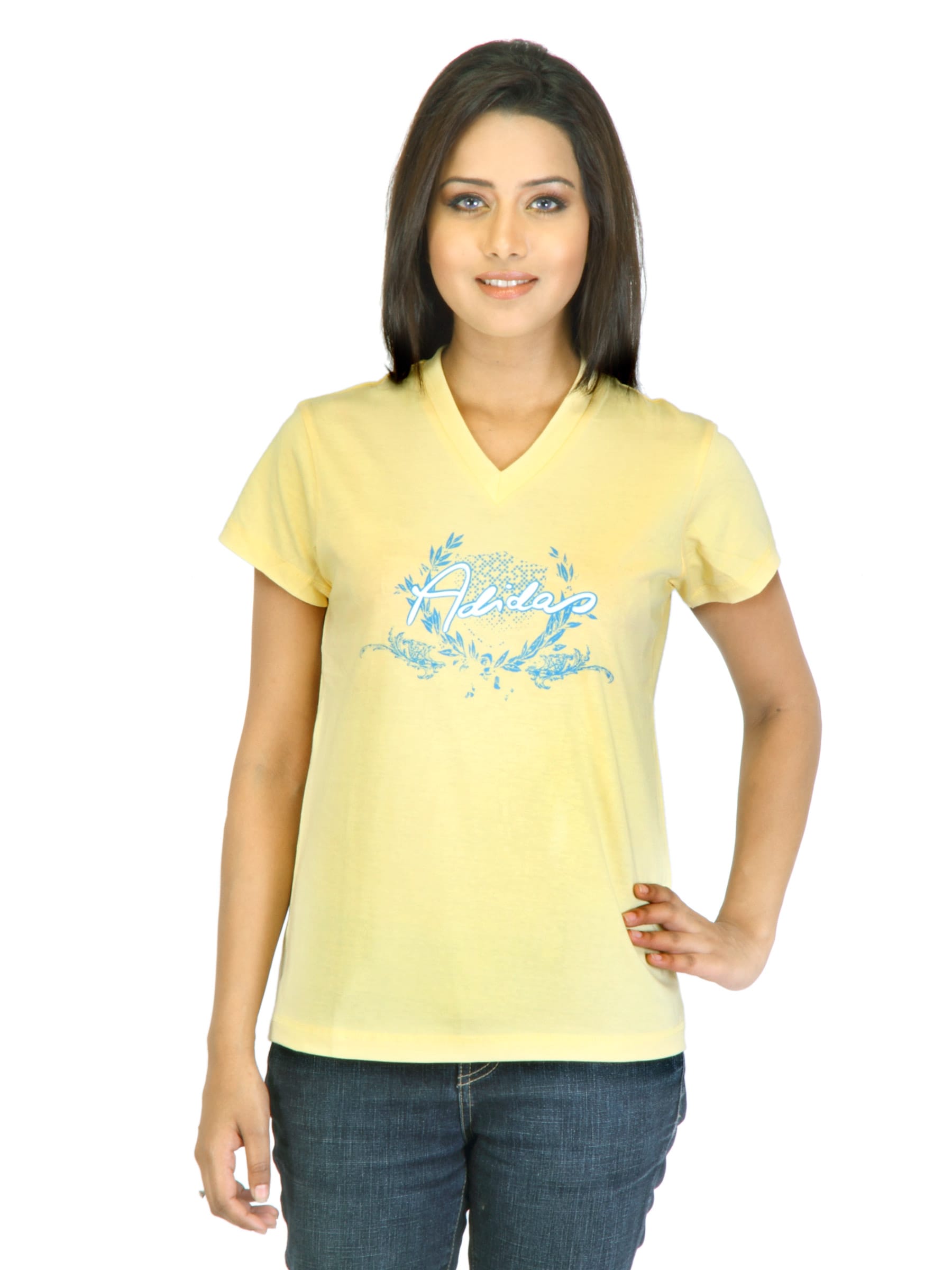 ADIDAS Women Printed Yellow T-shirt