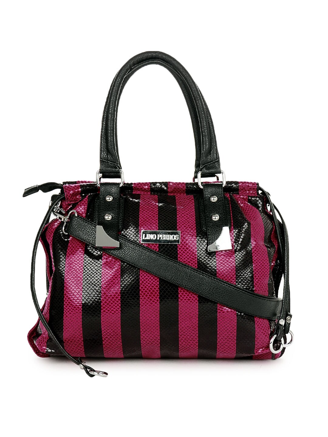 Lino Perros Women Pink & Black Striped Handbag