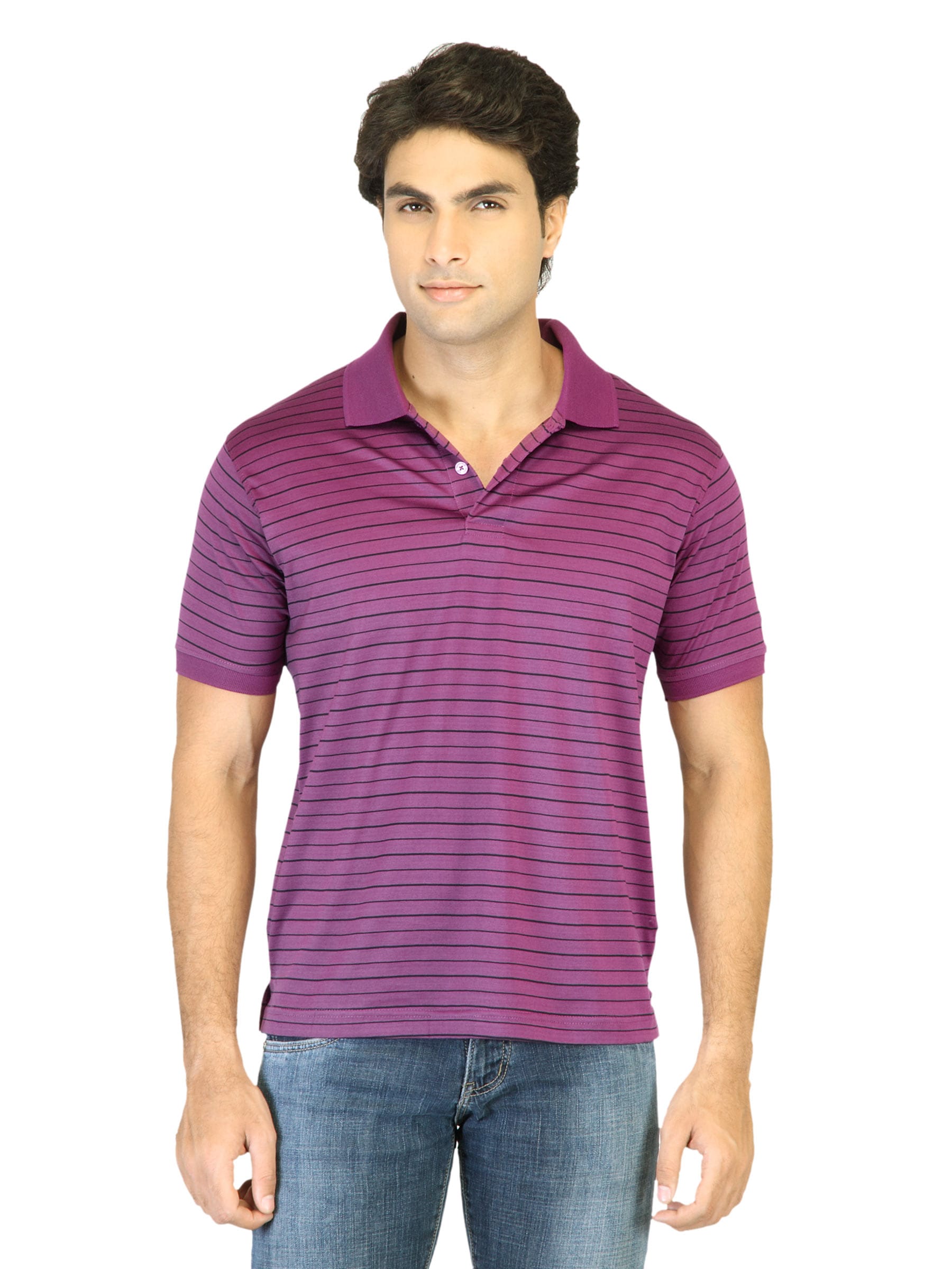 Proline Men Purple Striped Polo T-shirt