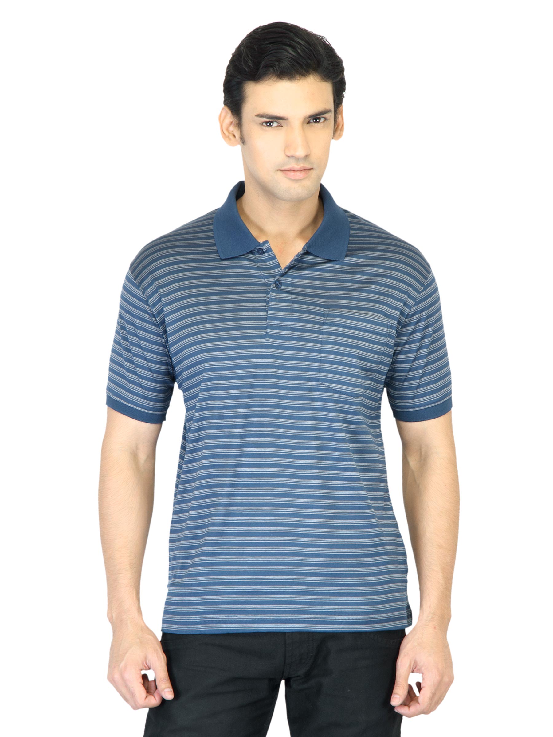 Proline Men Blue Striped Polo T-shirt